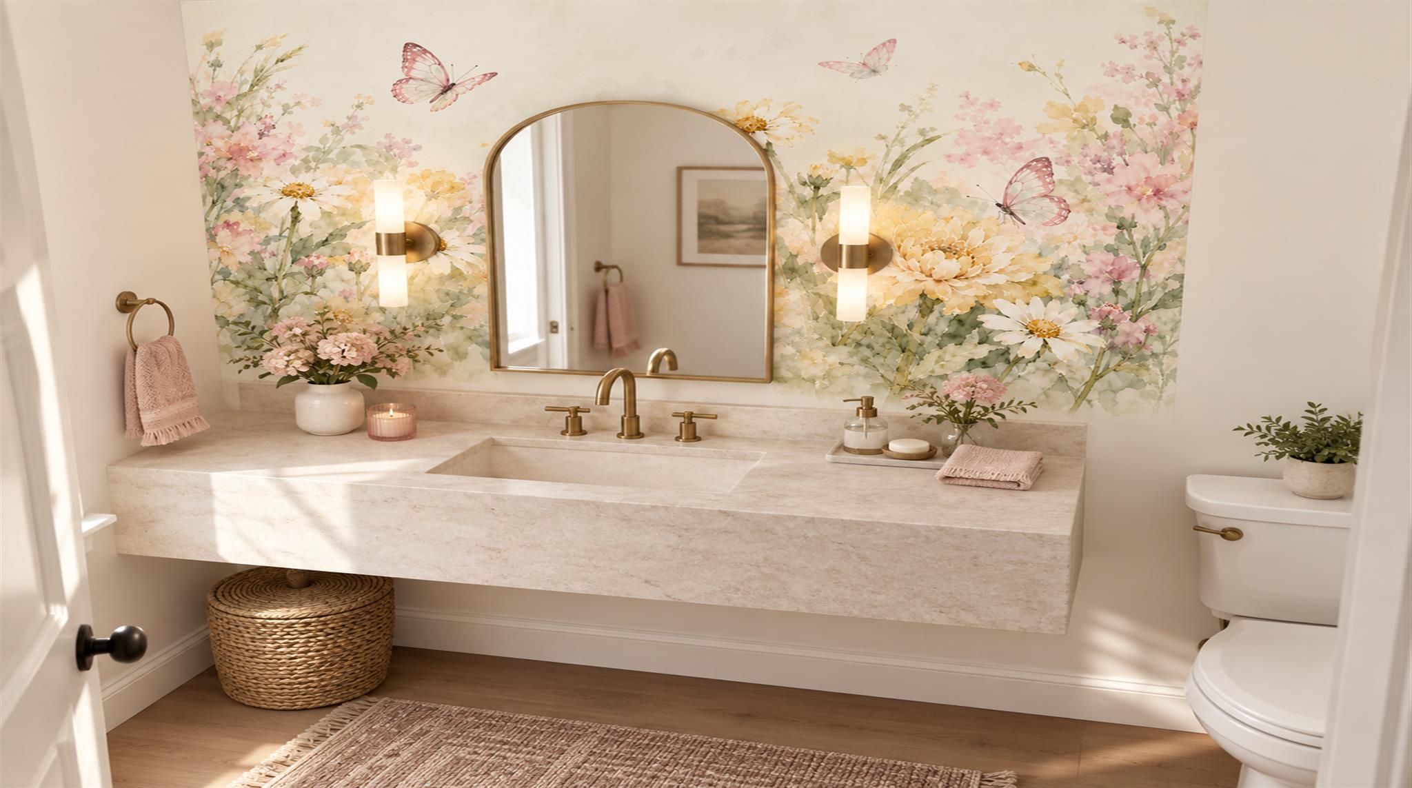 Ivory And Neutral Floral Forms Decorative Wallpaper Mural Accent-wall-wallpaper-murals, Peel-and-stick Finish