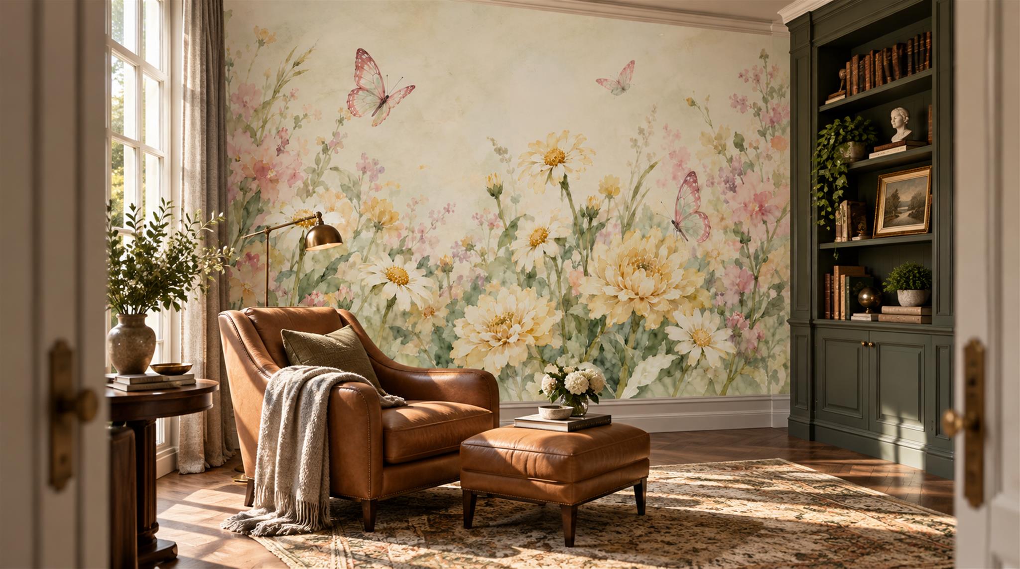 Ivory And Neutral Floral Forms Decorative Wallpaper Mural Dining-room-wallpaper-murals, Shown In A Dining Room, Peel-and-stick Finish