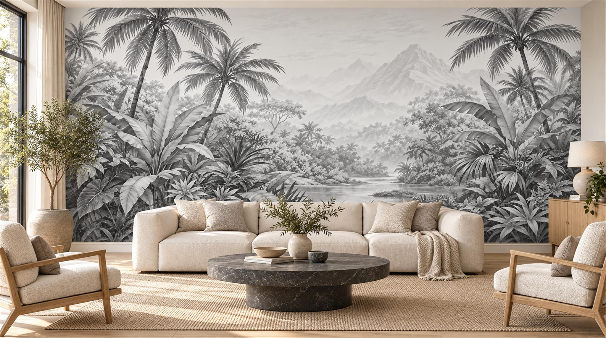 Grey And Neutral Abstract Forms Decorative Wallpaper Mural Living-room-wallpaper-murals, Shown In A Living Room, Peel-and-stick Finish