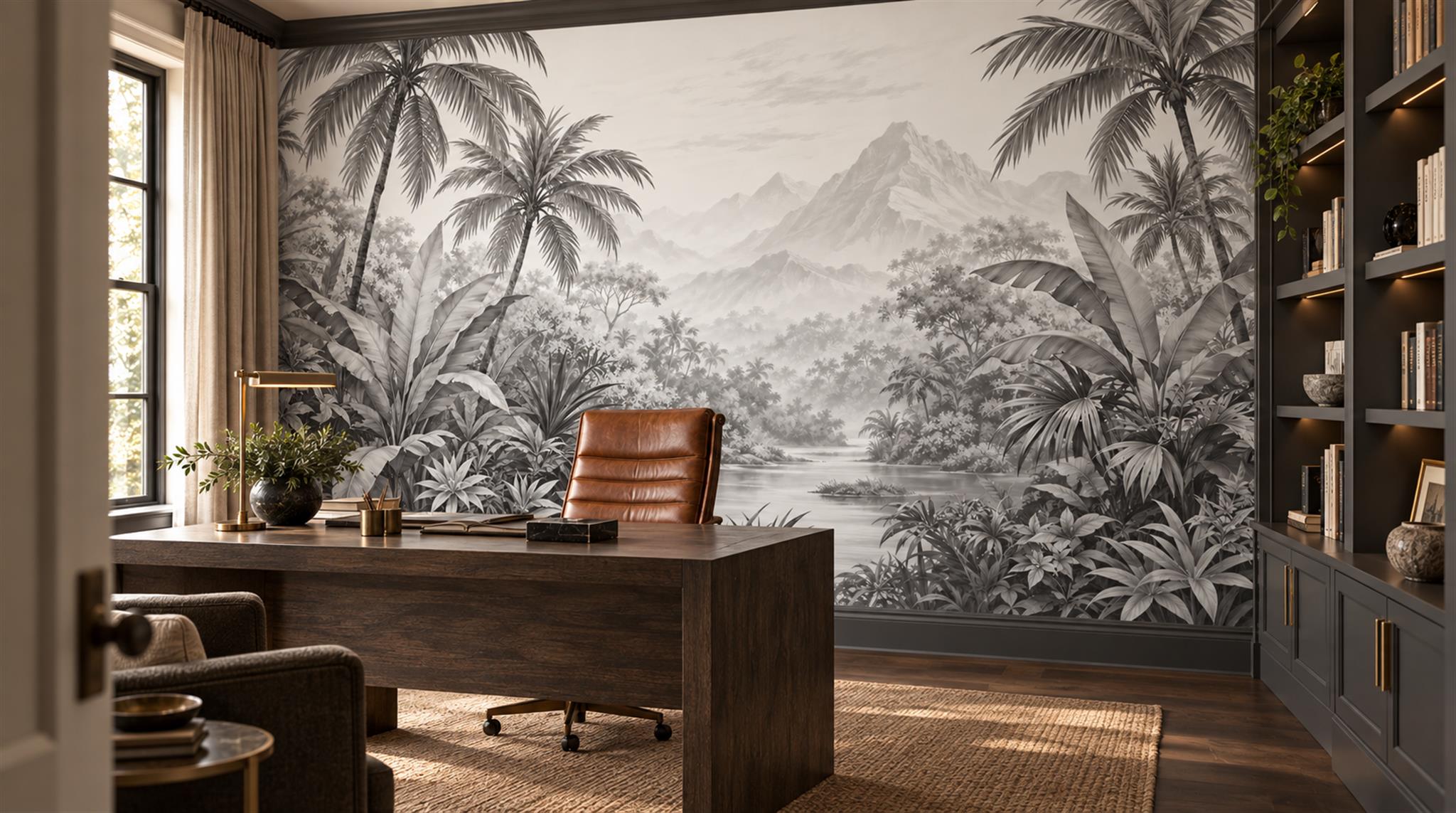 Grey And Neutral Abstract Forms Decorative Wallpaper Mural Office-wallpaper-murals, Shown In A Home Office, Peel-and-stick Finish