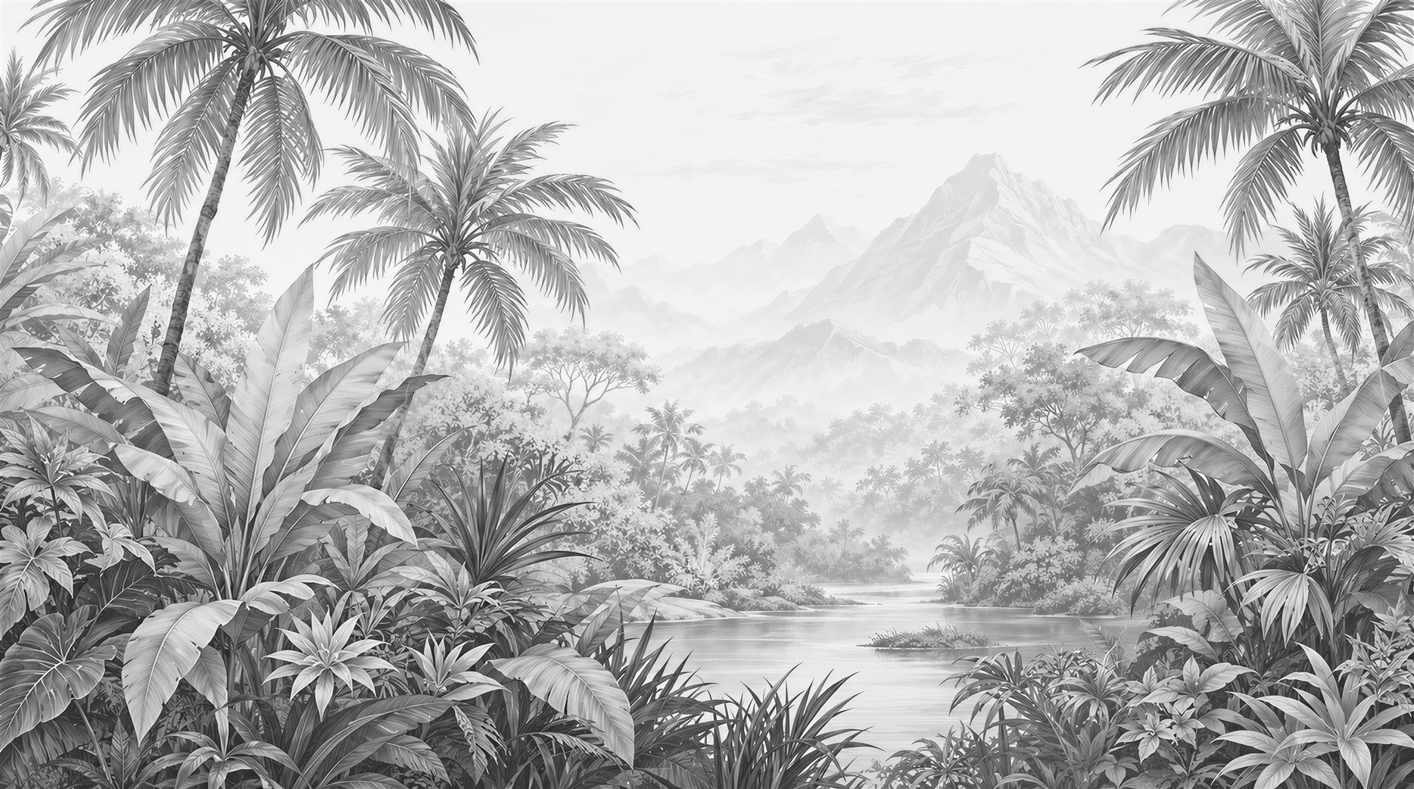 Monochrome Palm Forest And Mountain Lake Wallpaper Mural — Wallpaper Mural Design, Peel-and-stick Finish