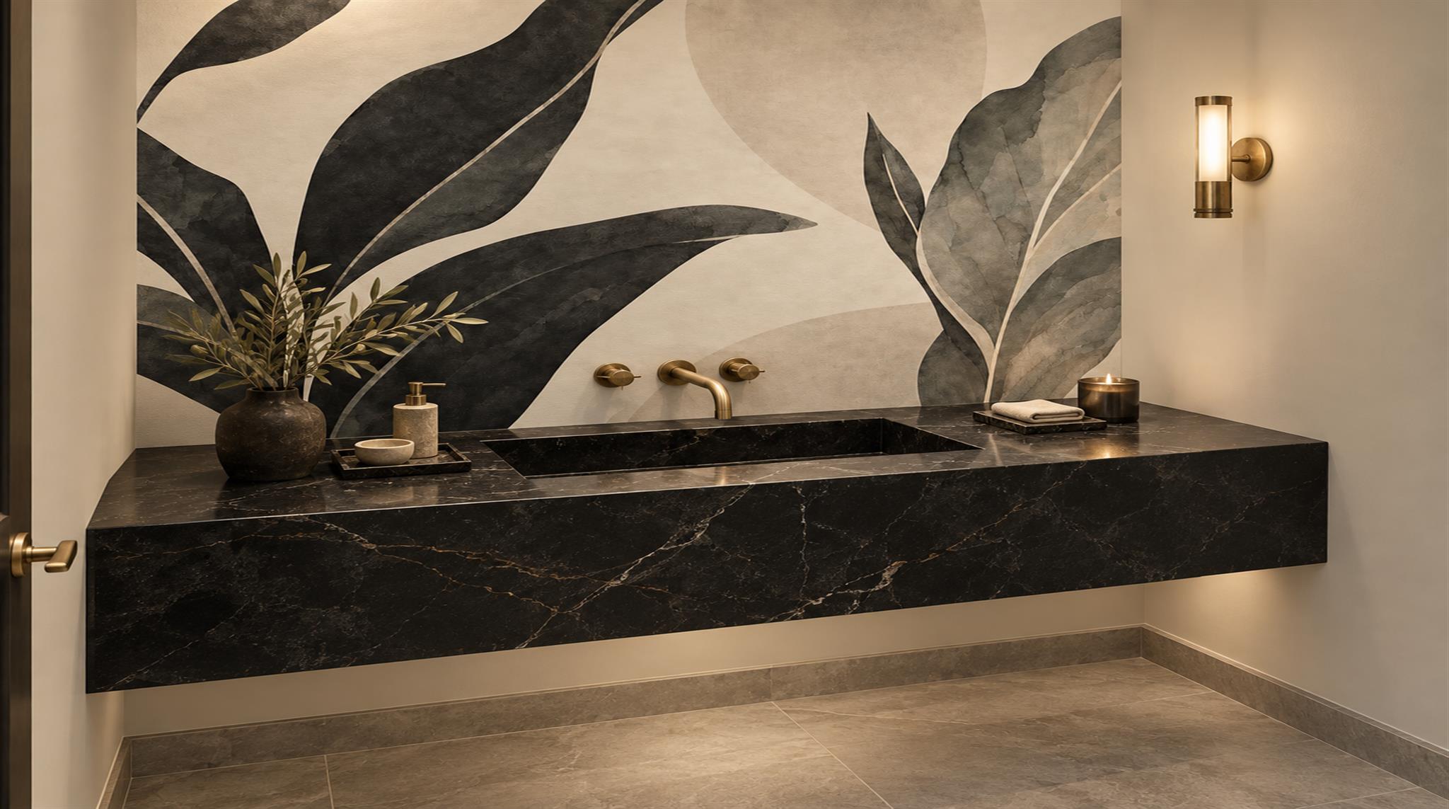 Neutral Leaf Patterning Painterly Wallpaper Mural Feature-wall-wallpaper-murals, Peel-and-stick Finish