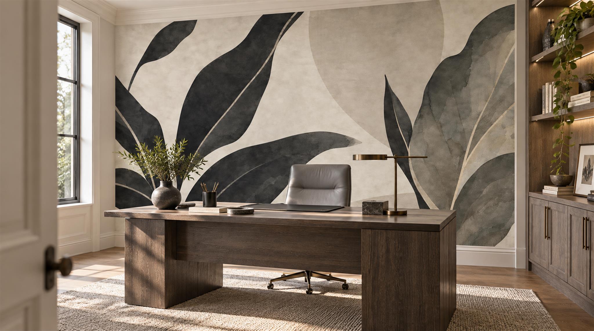 Neutral Leaf Patterning Painterly Wallpaper Mural Office-wallpaper-murals, Shown In A Home Office, Peel-and-stick Finish