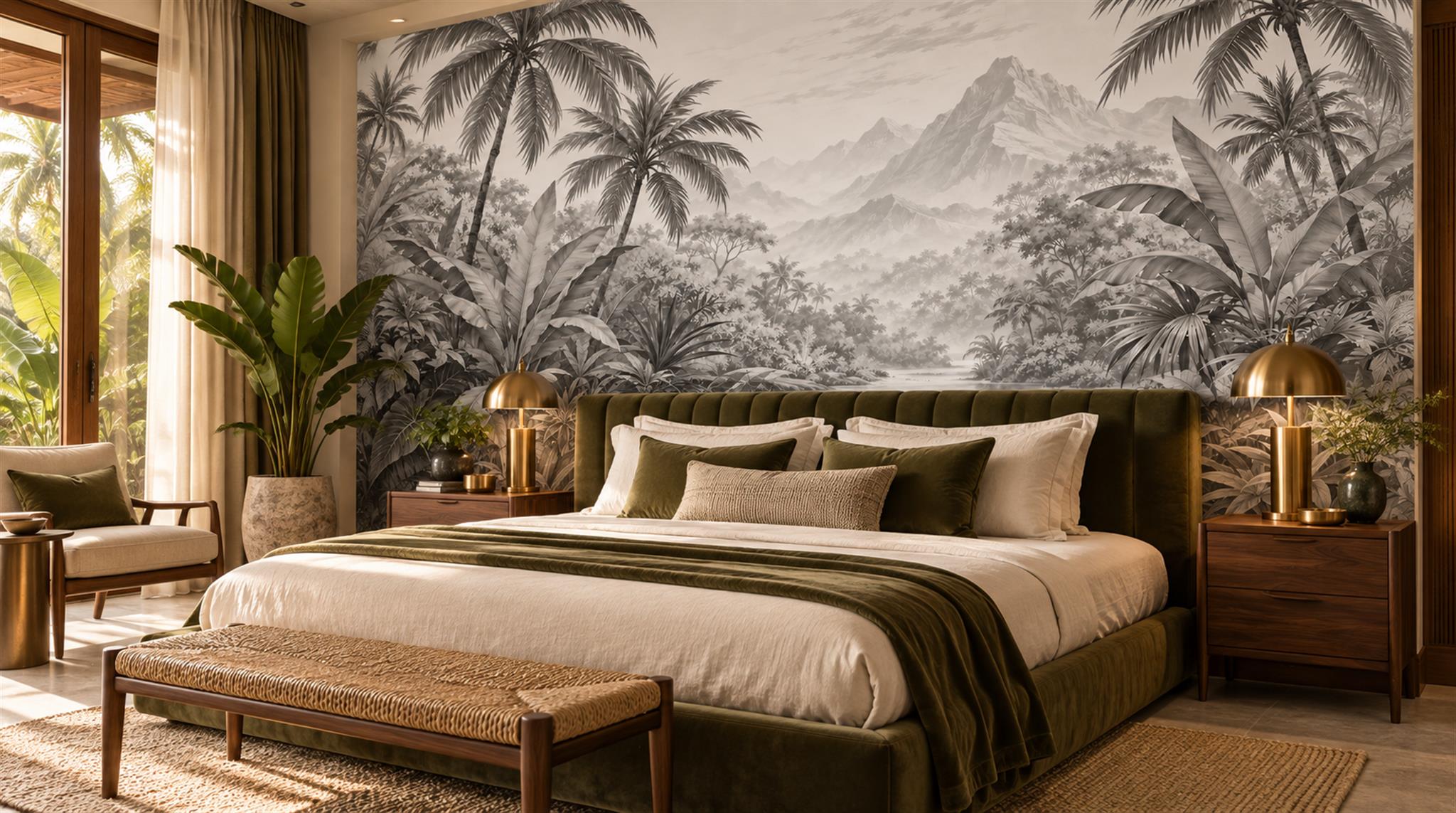 Neutral Leaf Patterning Painterly Wallpaper Mural Bedroom-wallpaper-murals, Peel-and-stick Finish