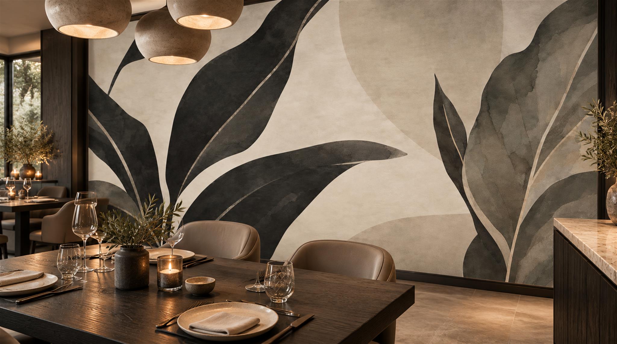 Neutral Leaf Patterning Painterly Wallpaper Mural Dining-room-wallpaper-murals, Shown In A Dining Room, Peel-and-stick Finish