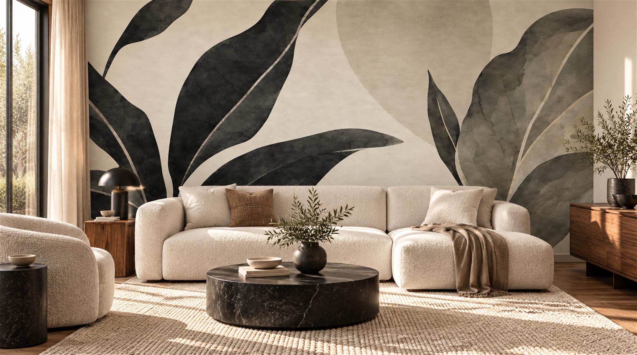 Neutral Leaf Patterning Painterly Wallpaper Mural Office-wallpaper-murals, Shown In A Home Office, Peel-and-stick Finish