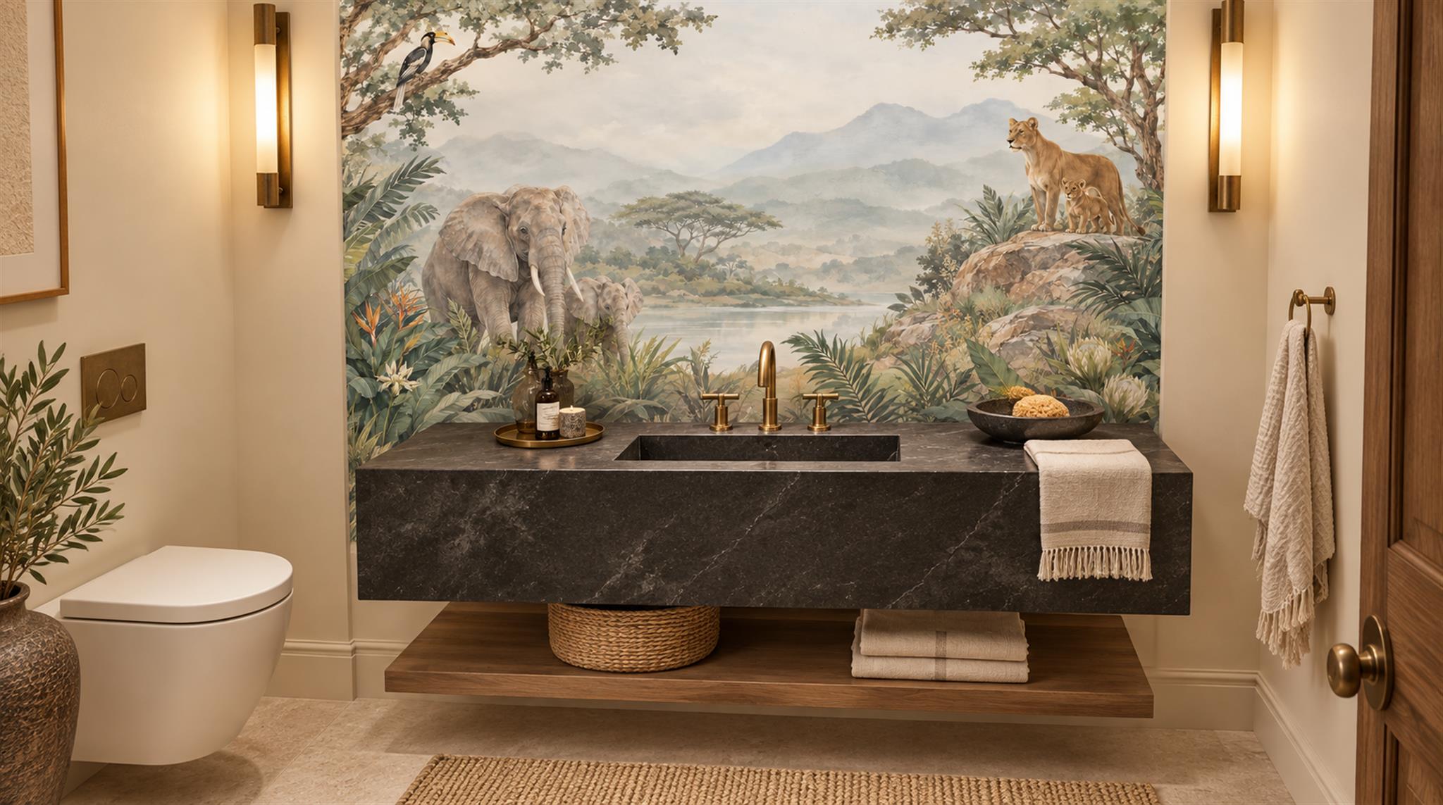 Neutral Safari Animals Wallpaper Mural, Peel-and-stick Finish
