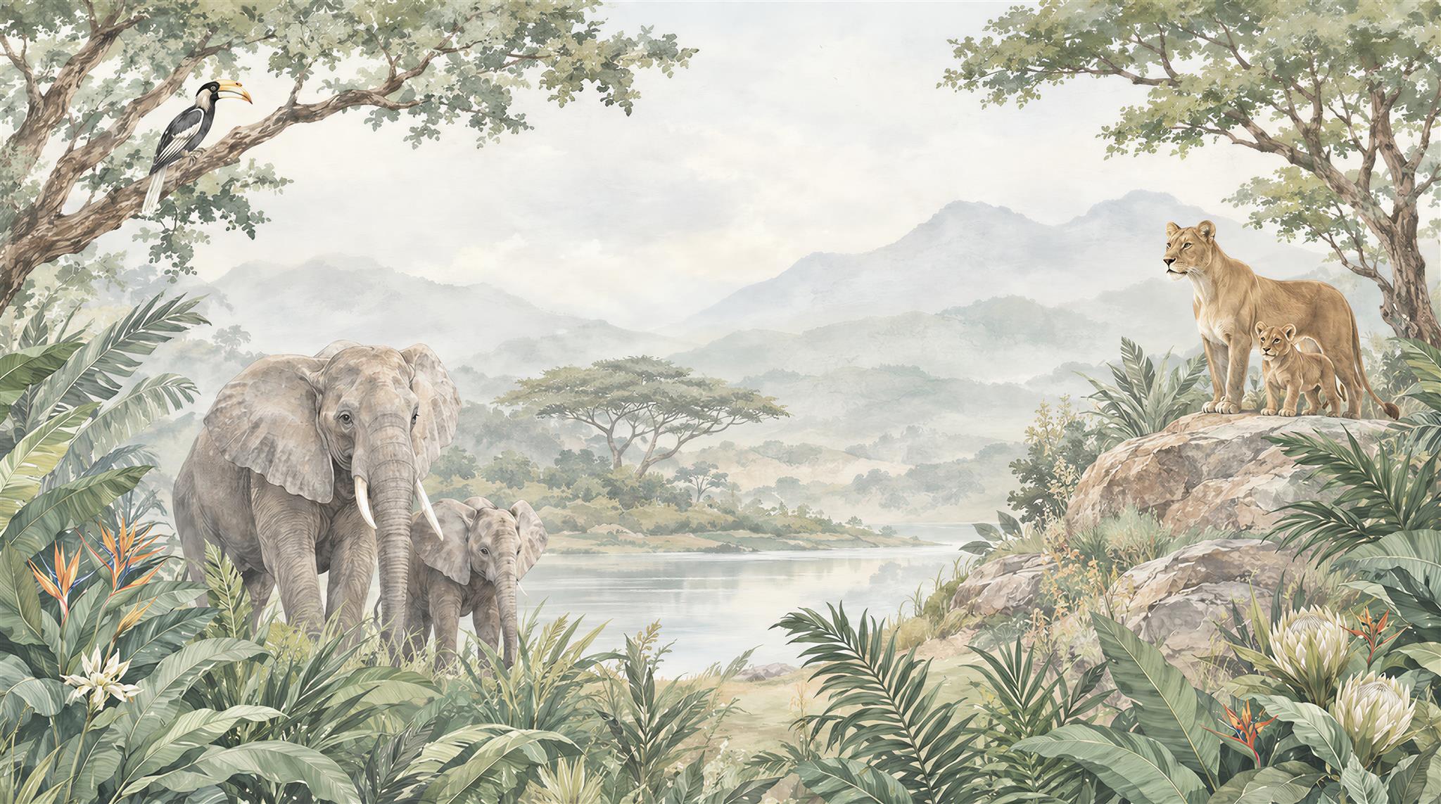 Elephants And Lions Beside A Misty Safari Lake Wallpaper Mural — Wallpaper Mural Design, Peel-and-stick Finish
