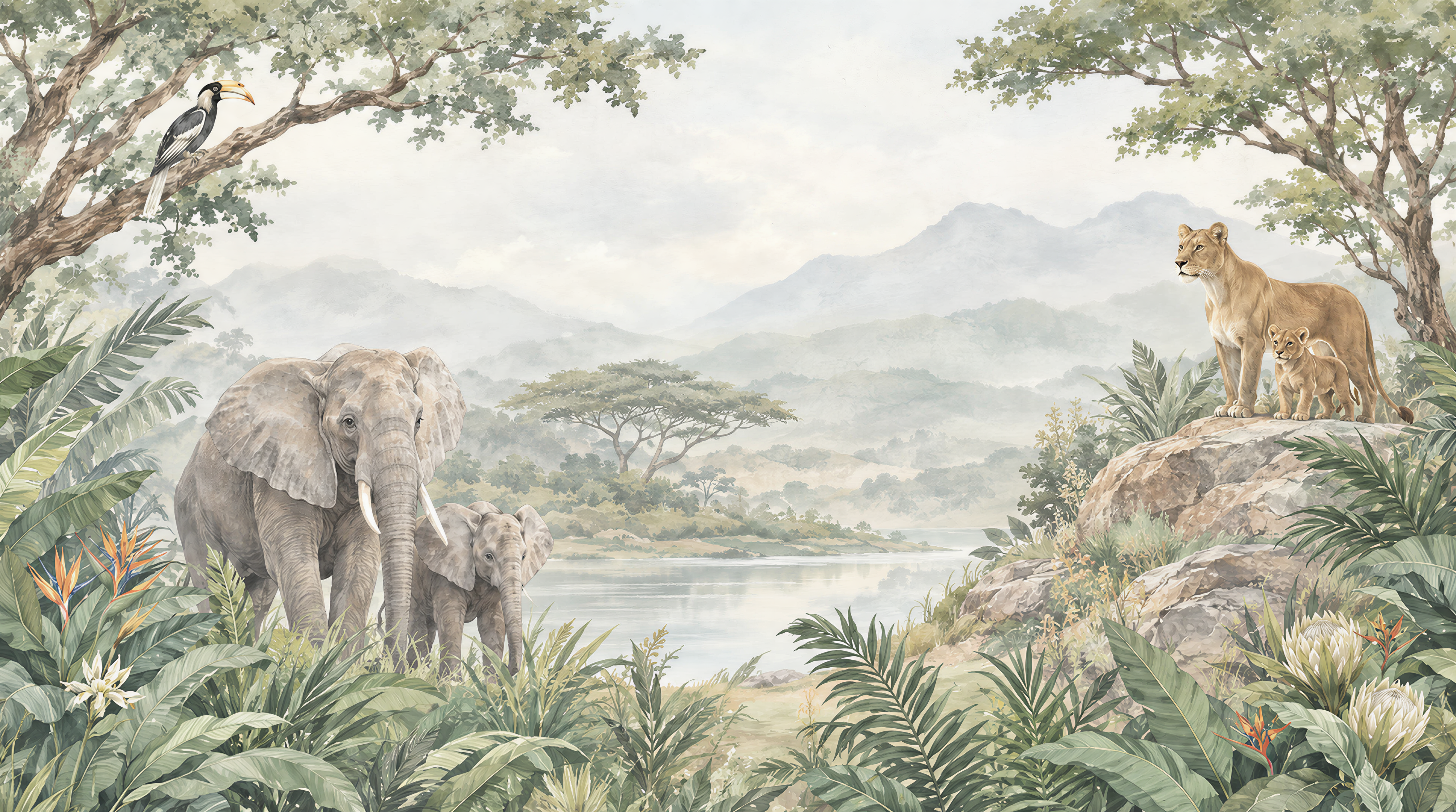 Neutral Safari Animals Wallpaper Mural, Peel-and-stick Finish
