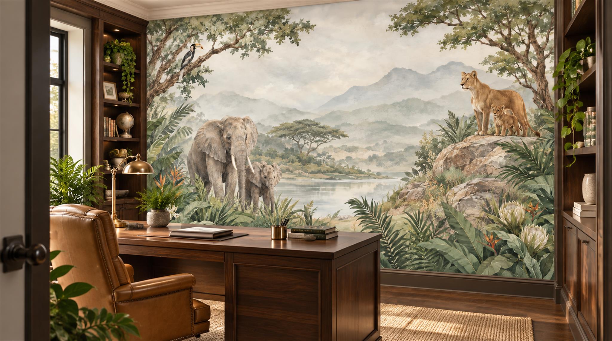 Neutral Safari Animals Wallpaper Mural, Shown In A Bedroom, Peel-and-stick Finish