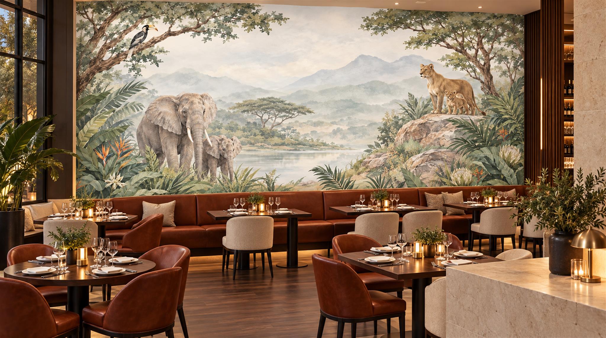 Neutral Safari Animals Wallpaper Mural, Shown In A Dining Room, Peel-and-stick Finish
