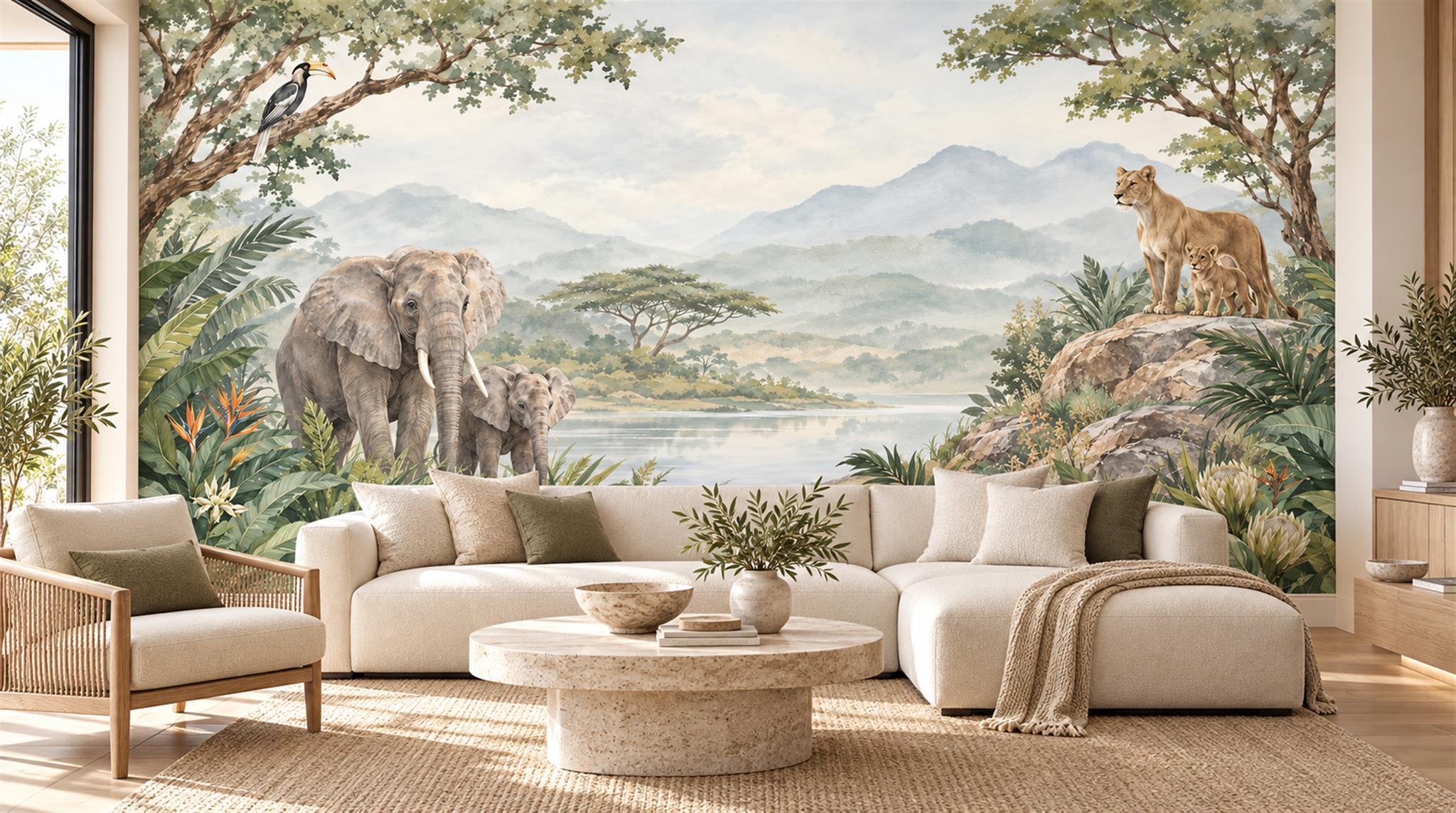 Neutral Safari Animals Wallpaper Mural, Shown In A Living Room, Peel-and-stick Finish