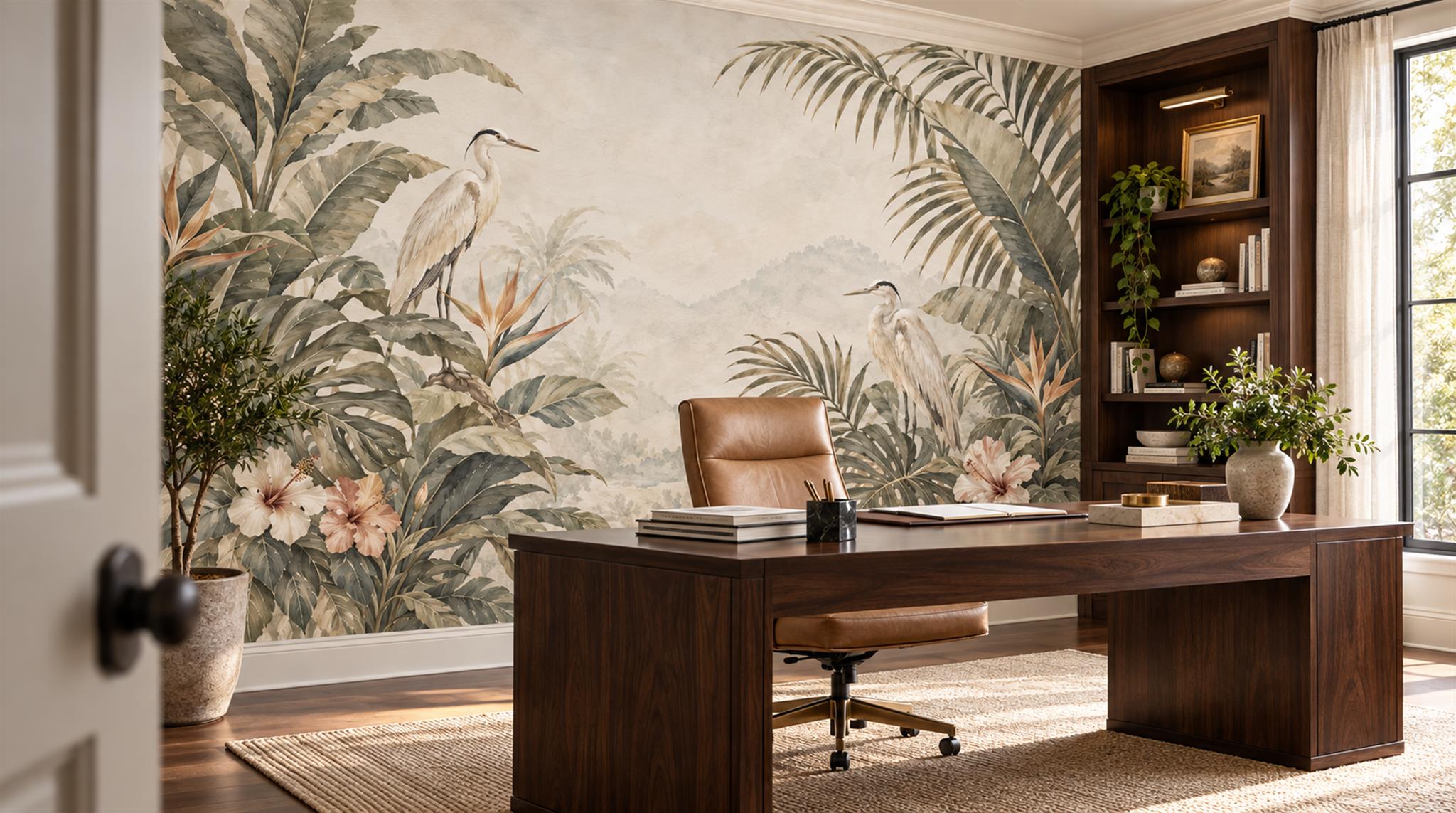 Ivory And Neutral Palm Leaves Wallpaper Mural Office-wallpaper-murals, Shown In A Home Office, Peel-and-stick Finish