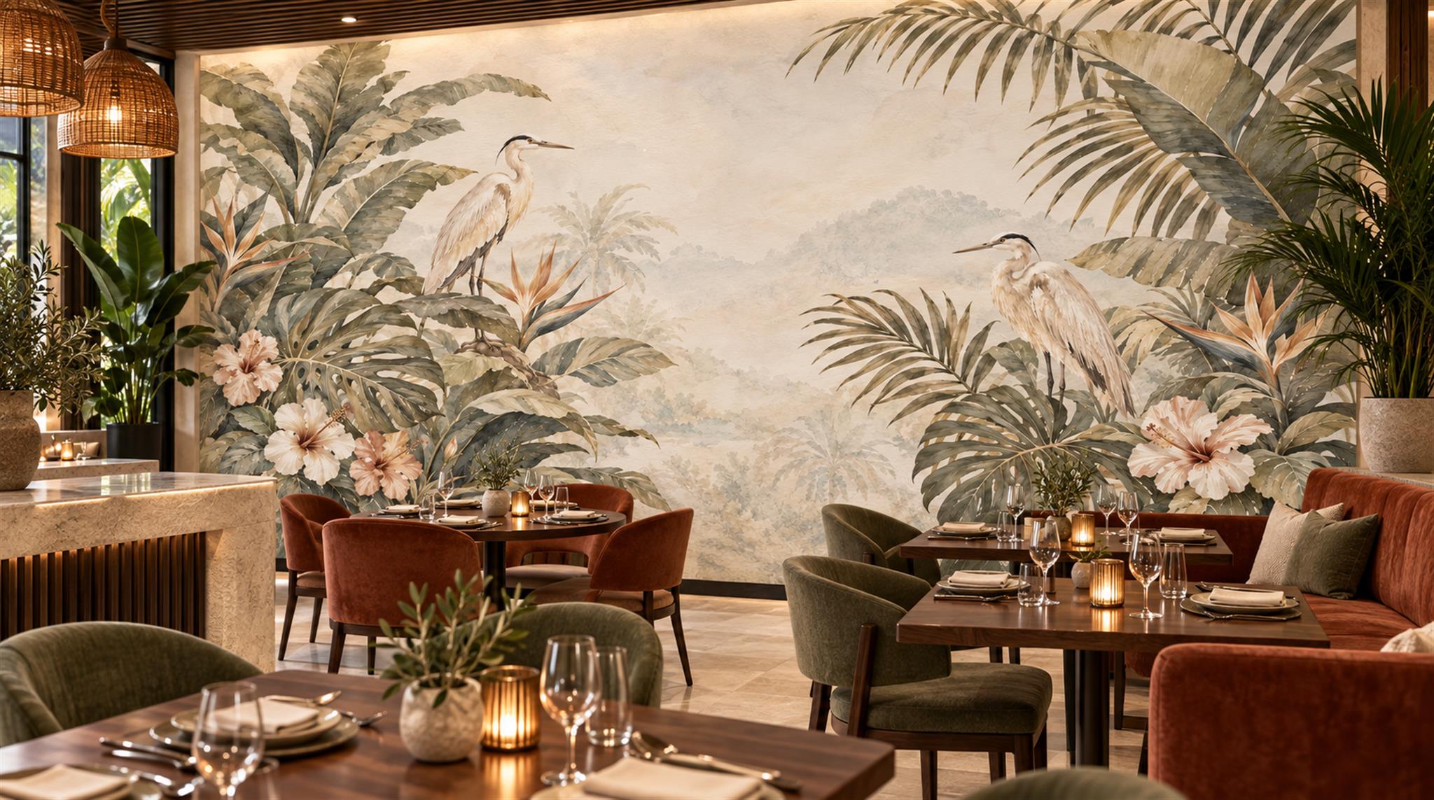Ivory And Neutral Palm Leaves Wallpaper Mural Dining-room-wallpaper-murals, Shown In A Dining Room, Peel-and-stick Finish