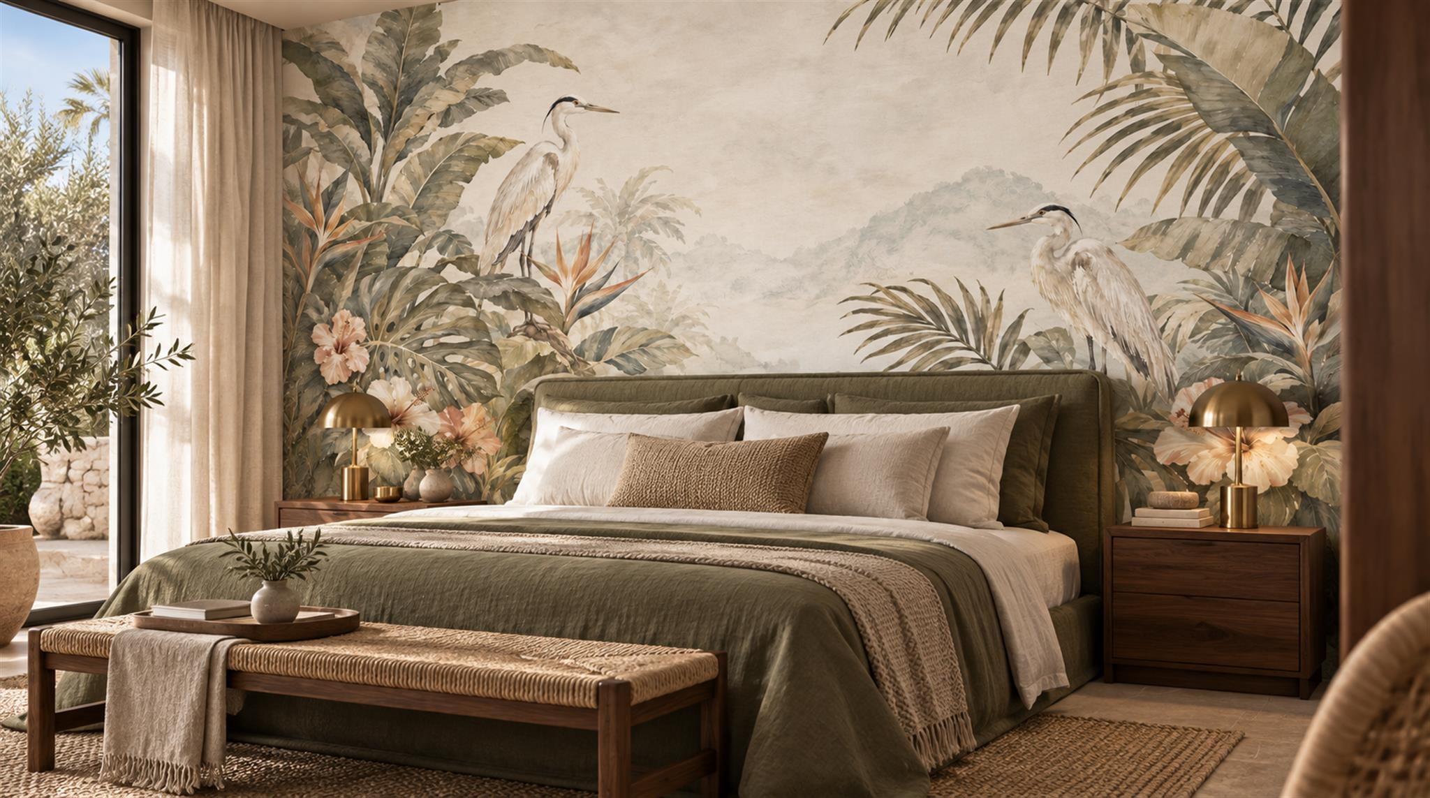 Ivory And Neutral Palm Leaves Wallpaper Mural Bedroom-wallpaper-murals, Peel-and-stick Finish