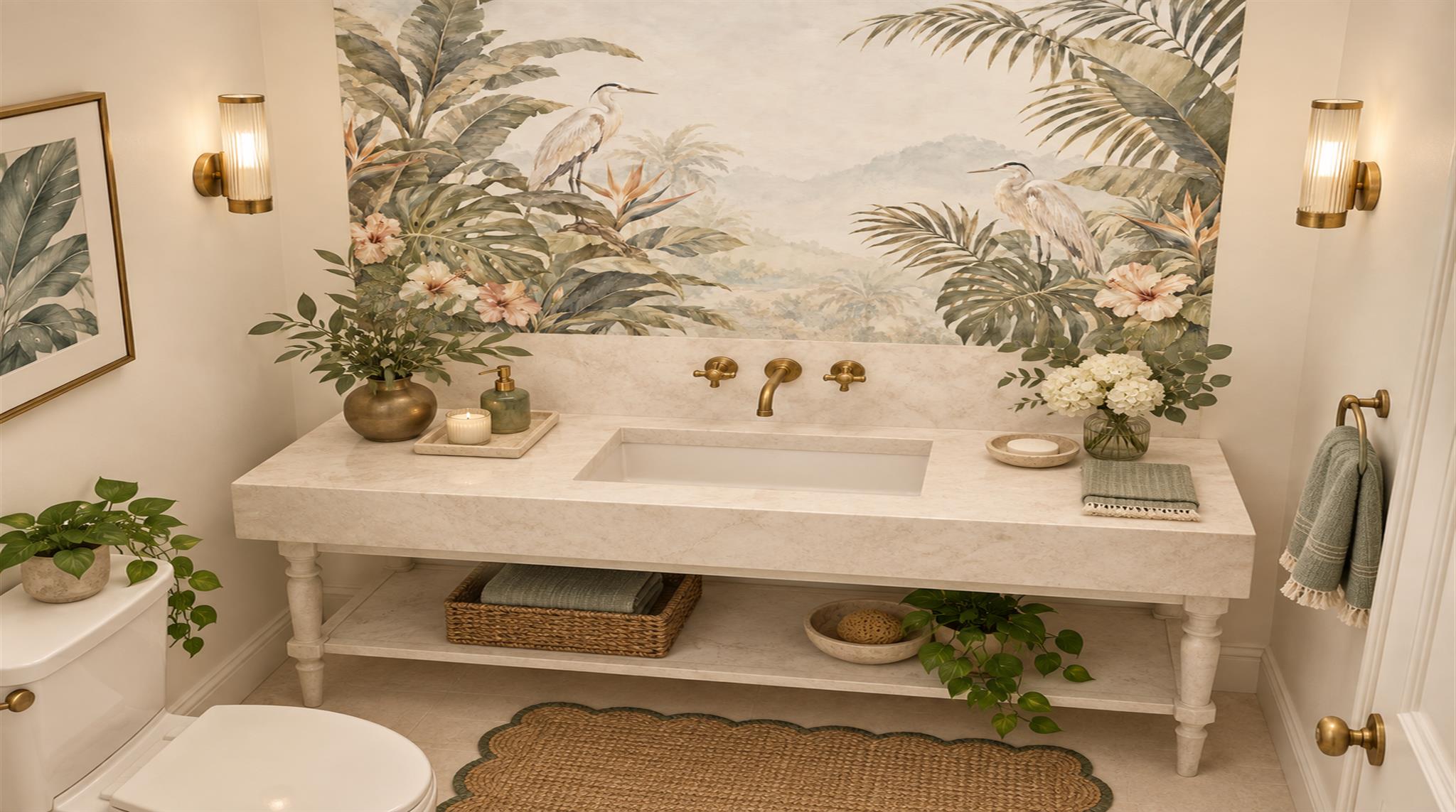 Ivory And Neutral Palm Leaves Wallpaper Mural Powder-room-wallpaper-murals, Peel-and-stick Finish