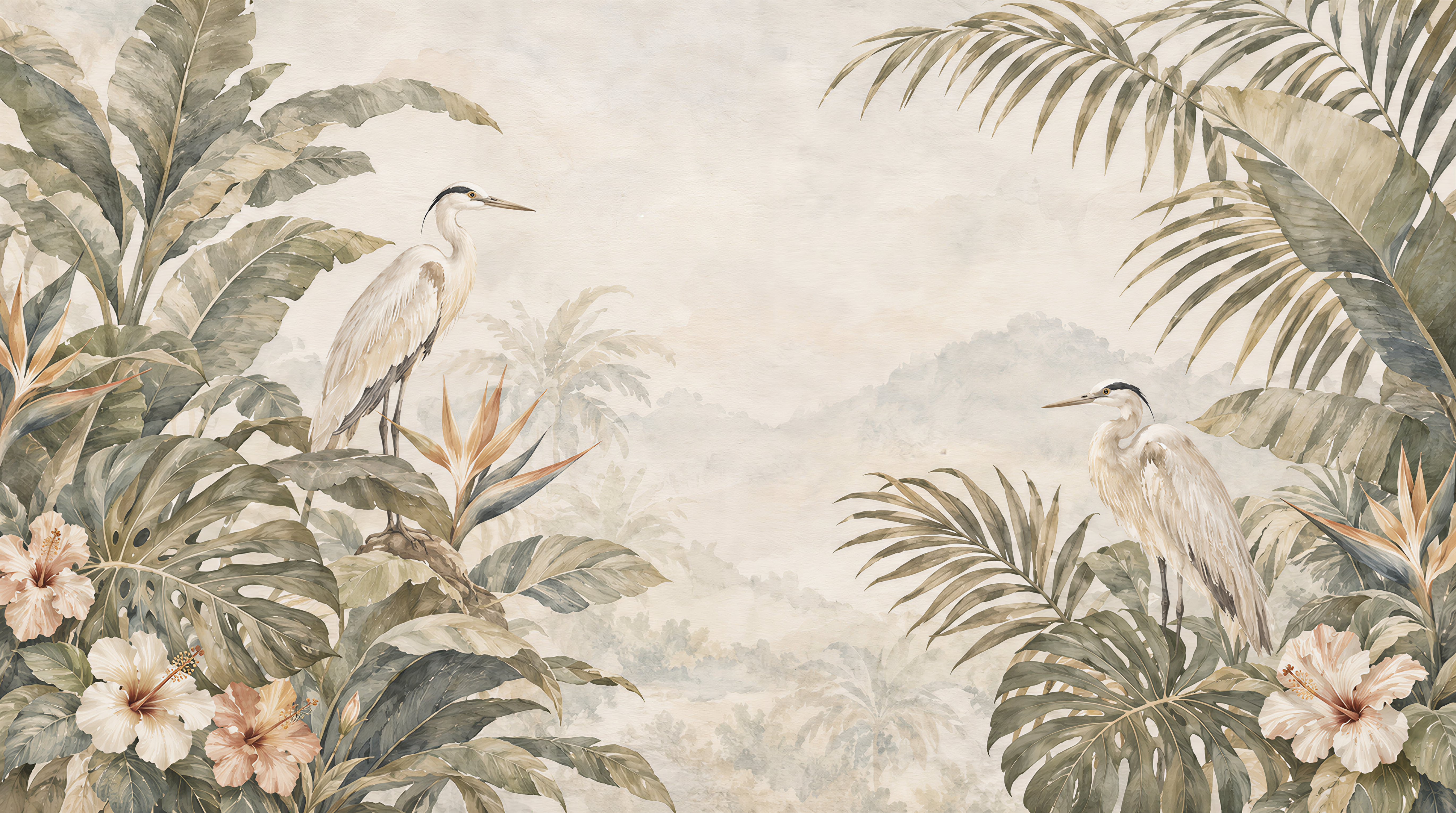 Ivory And Neutral Palm Leaves Wallpaper Mural, Peel-and-stick Finish