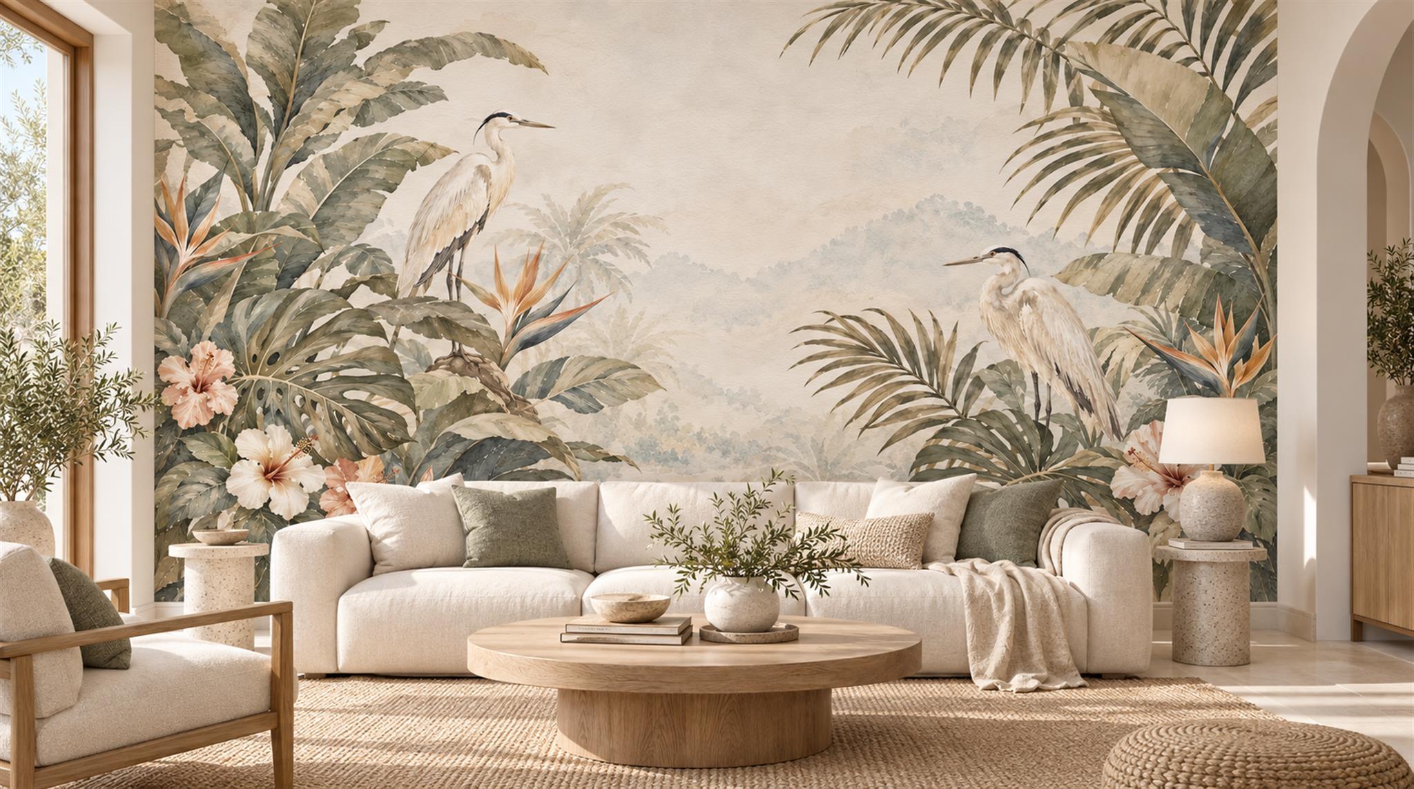 Ivory And Neutral Palm Leaves Wallpaper Mural Powder-room-wallpaper-murals, Peel-and-stick Finish