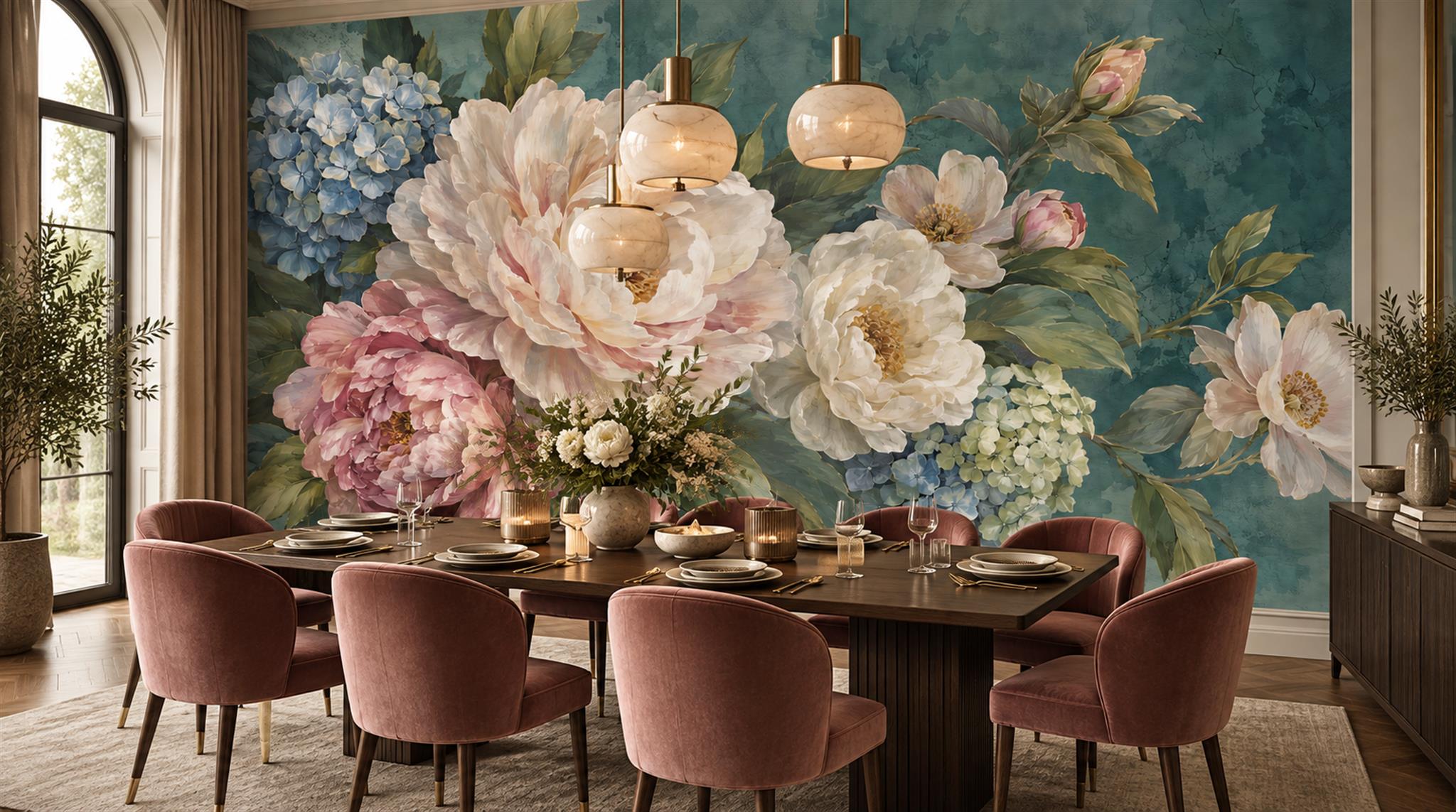 Red And Teal Abstract Forms Wallpaper Mural Dining-room-wallpaper-murals, Shown In A Dining Room, Peel-and-stick Finish