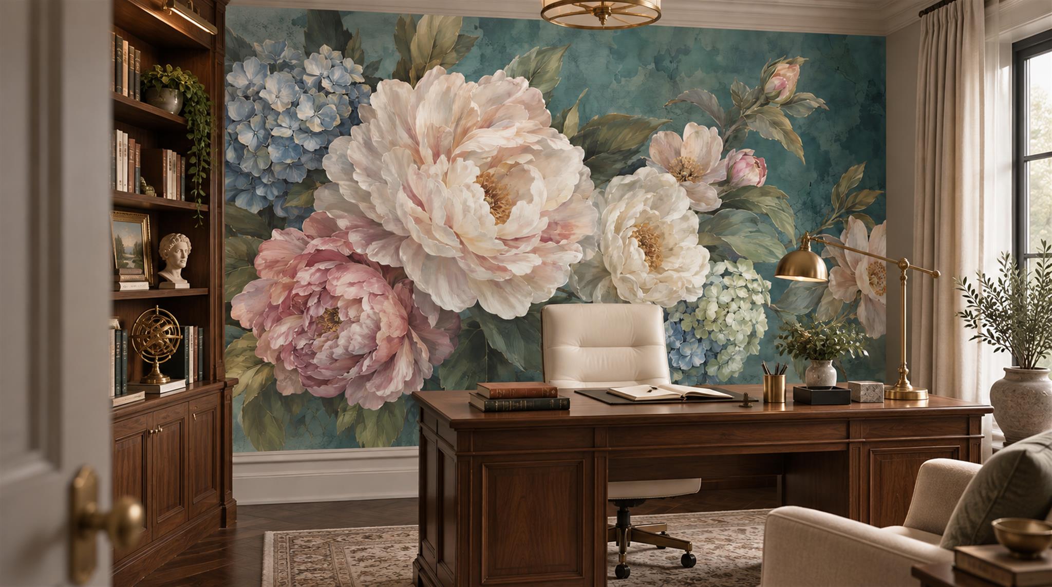 Red And Teal Abstract Forms Wallpaper Mural Office-wallpaper-murals, Shown In A Home Office, Peel-and-stick Finish