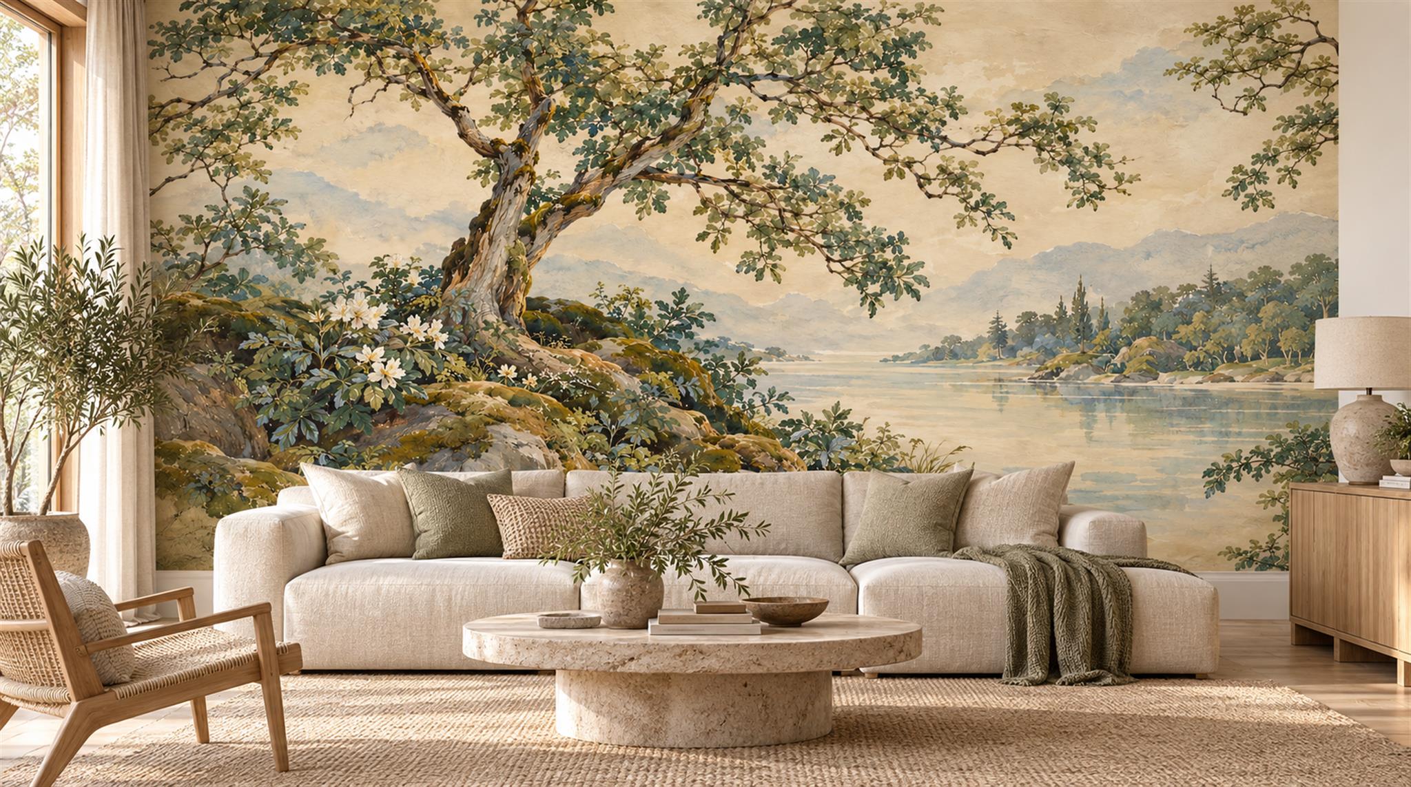 Ivory And Neutral A Painterly Scenic View Wallpaper Mural Living-room-wallpaper-murals, Shown In A Living Room, Peel-and-stick Finish