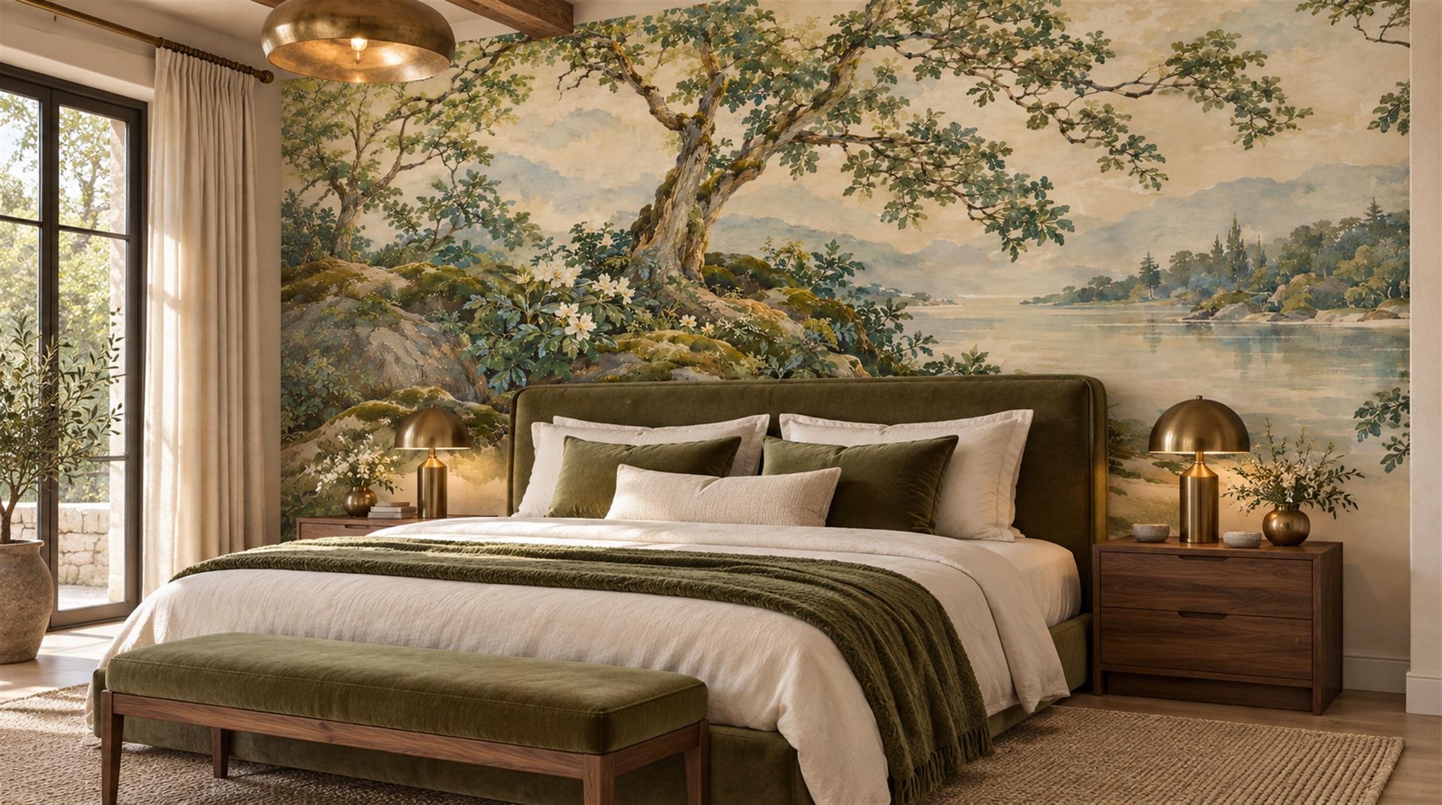 Ivory And Neutral A Painterly Scenic View Wallpaper Mural Bedroom-wallpaper-murals, Peel-and-stick Finish