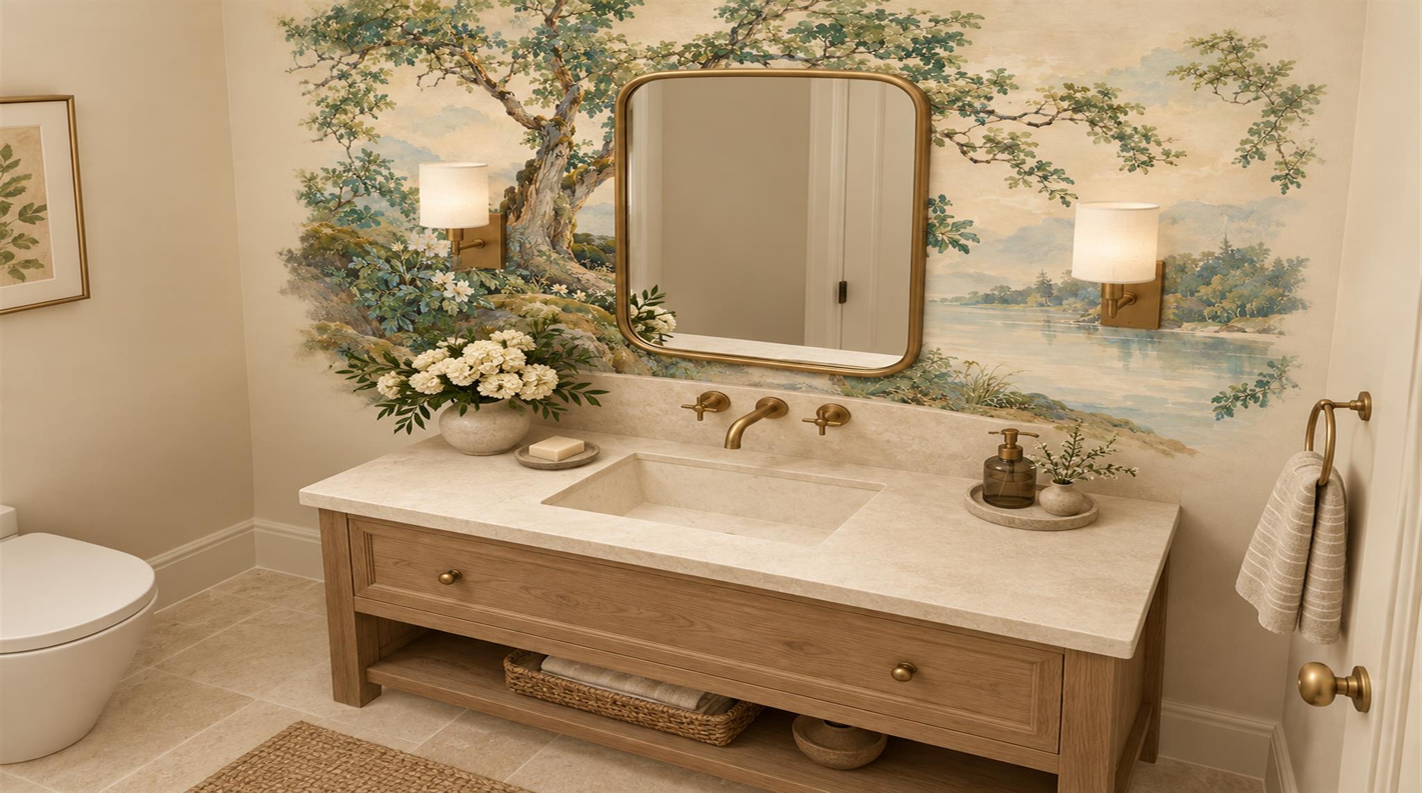 Ivory And Neutral A Painterly Scenic View Wallpaper Mural Powder-room-wallpaper-murals, Peel-and-stick Finish
