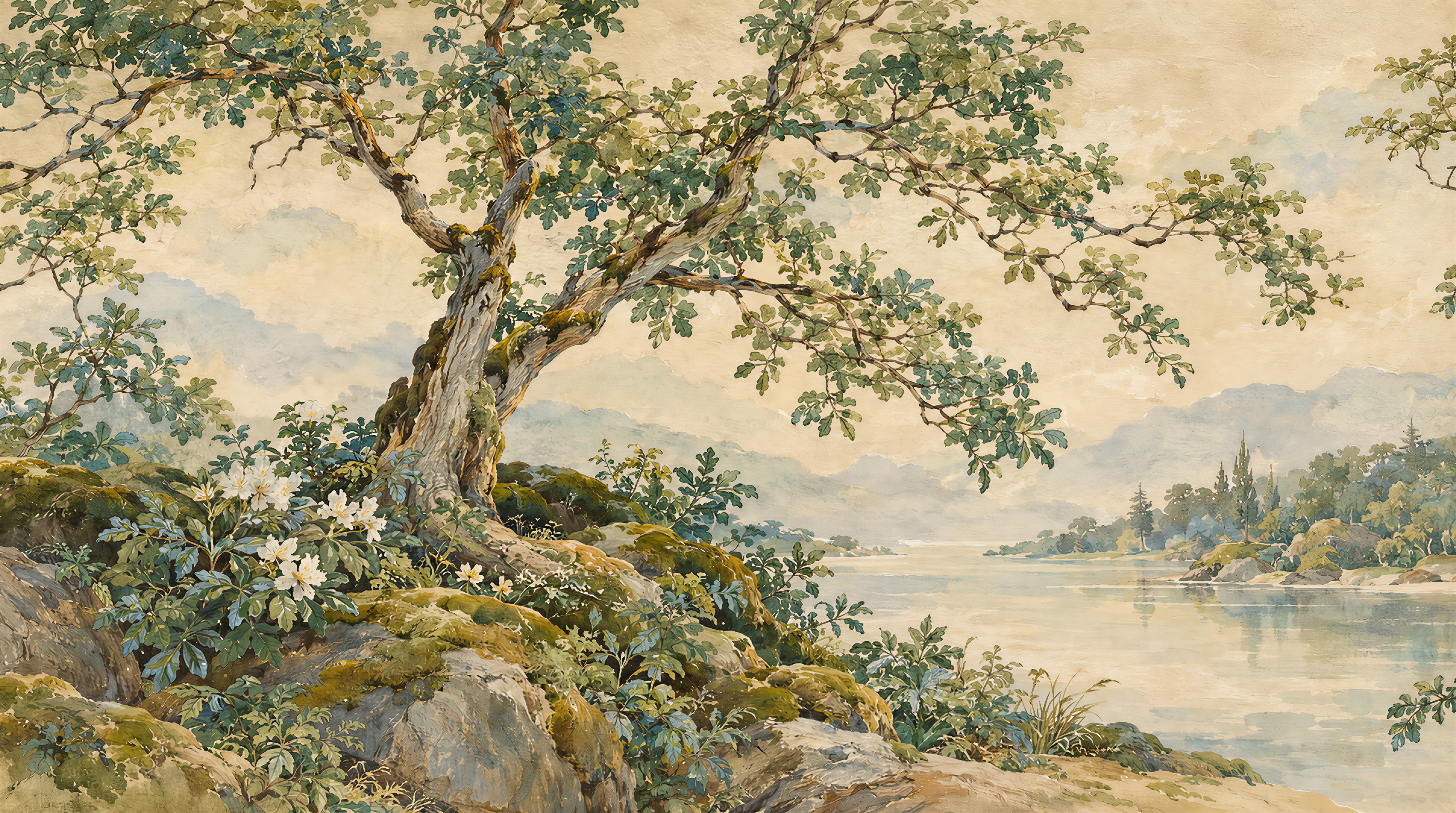 Ivory And Neutral A Painterly Scenic View Wallpaper Mural, Peel-and-stick Finish