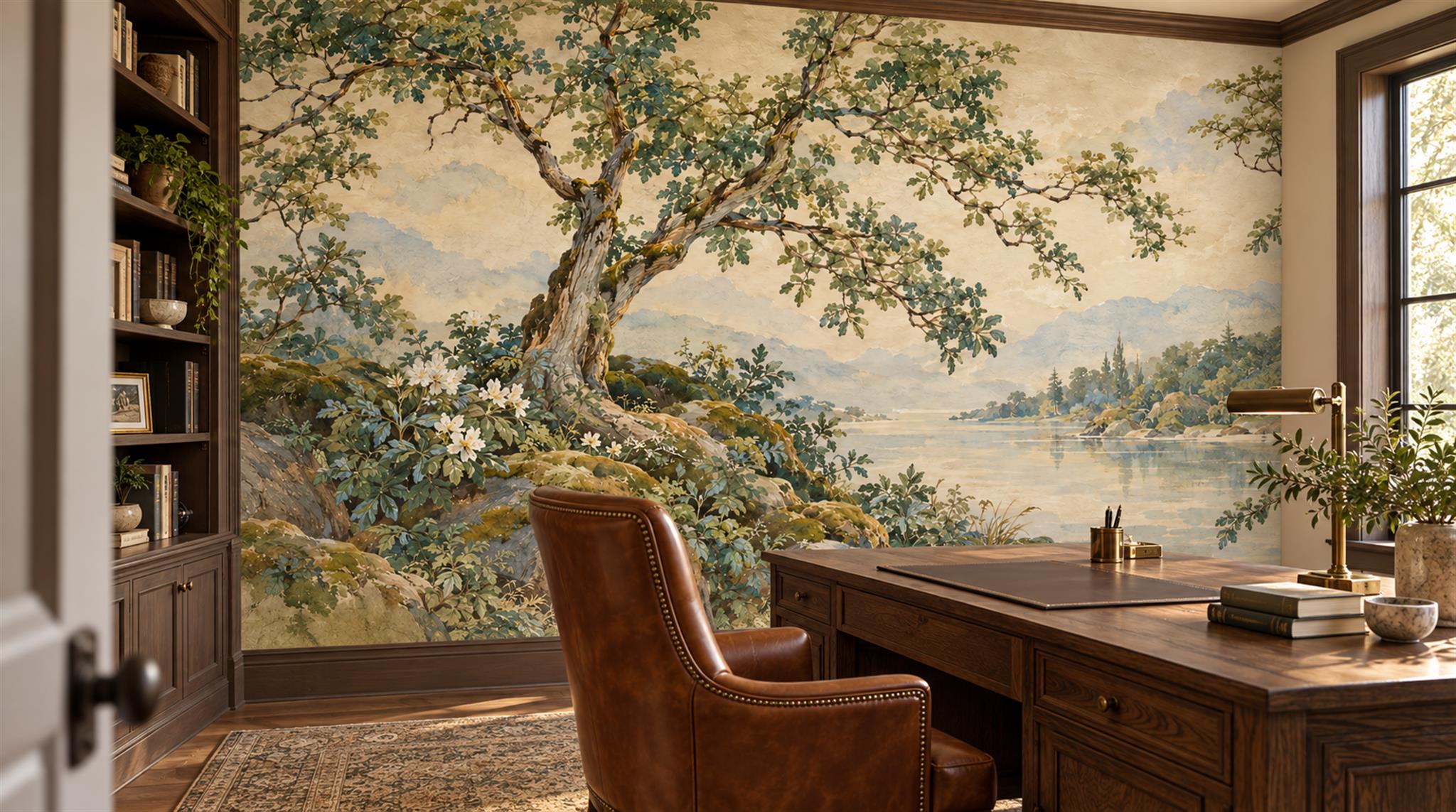Ivory And Neutral A Painterly Scenic View Wallpaper Mural Office-wallpaper-murals, Shown In A Home Office, Peel-and-stick Finish