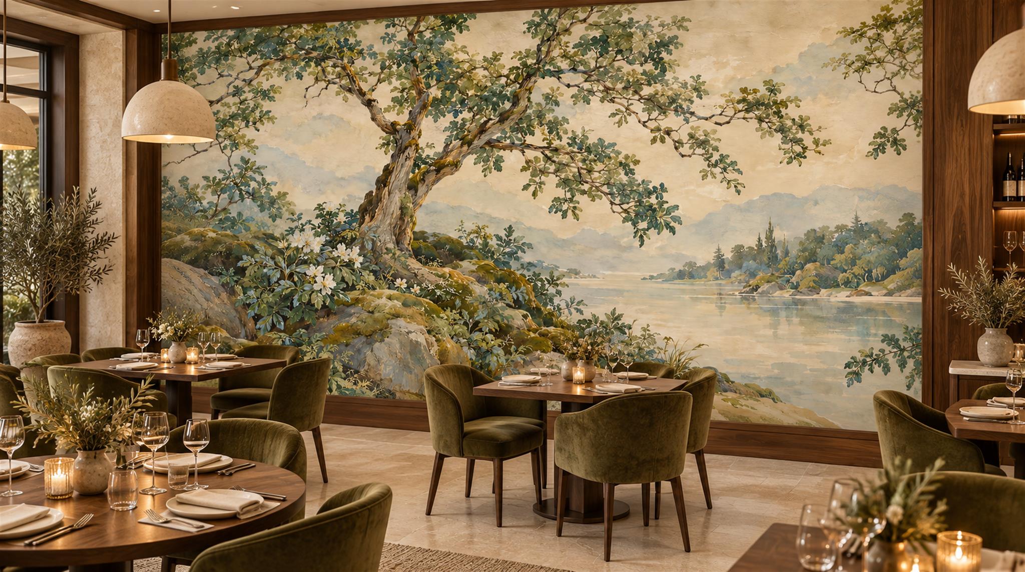 Ivory And Neutral A Painterly Scenic View Wallpaper Mural Powder-room-wallpaper-murals, Peel-and-stick Finish