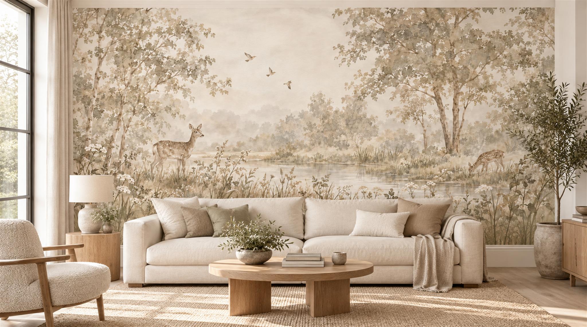Ivory And Neutral A Painterly Scenic View Living-room-wallpaper-murals, Shown In A Living Room, Peel-and-stick Finish