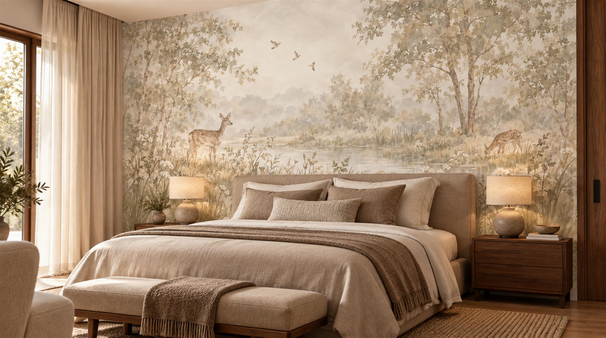 Ivory And Neutral A Painterly Scenic View Bedroom-wallpaper-murals, Peel-and-stick Finish