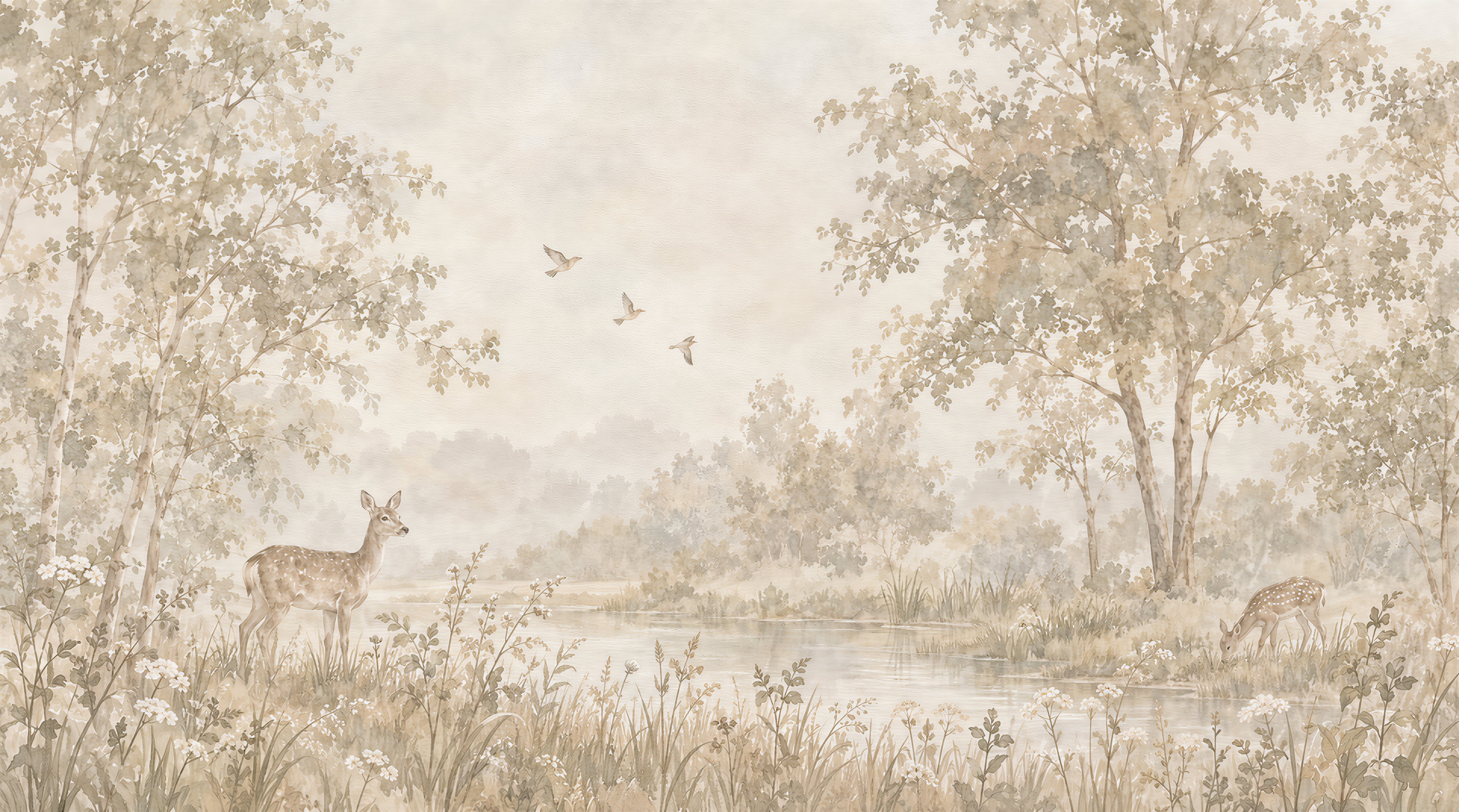 Ivory And Neutral A Painterly Scenic View, Peel-and-stick Finish