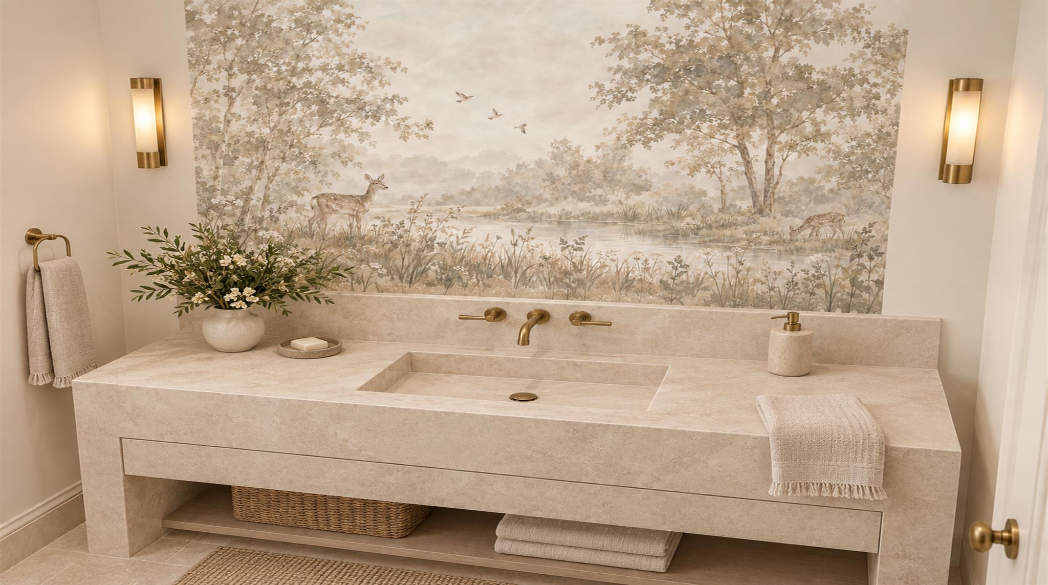 Ivory And Neutral A Painterly Scenic View Accent-wall-wallpaper-murals, Peel-and-stick Finish