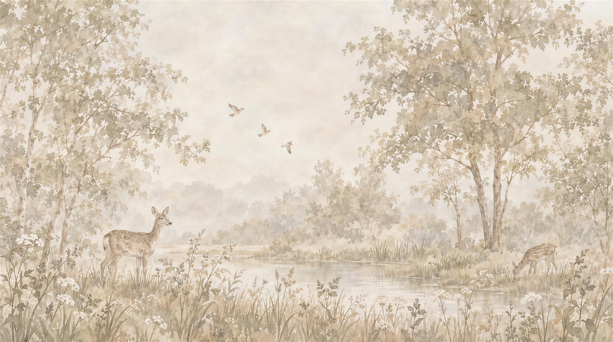 Ivory And Neutral A Painterly Scenic View Accent-wall-wallpaper-murals, Peel-and-stick Finish