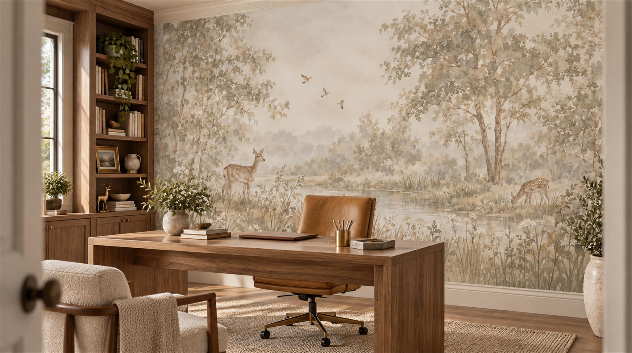 Ivory And Neutral A Painterly Scenic View Office-wallpaper-murals, Shown In A Home Office, Peel-and-stick Finish