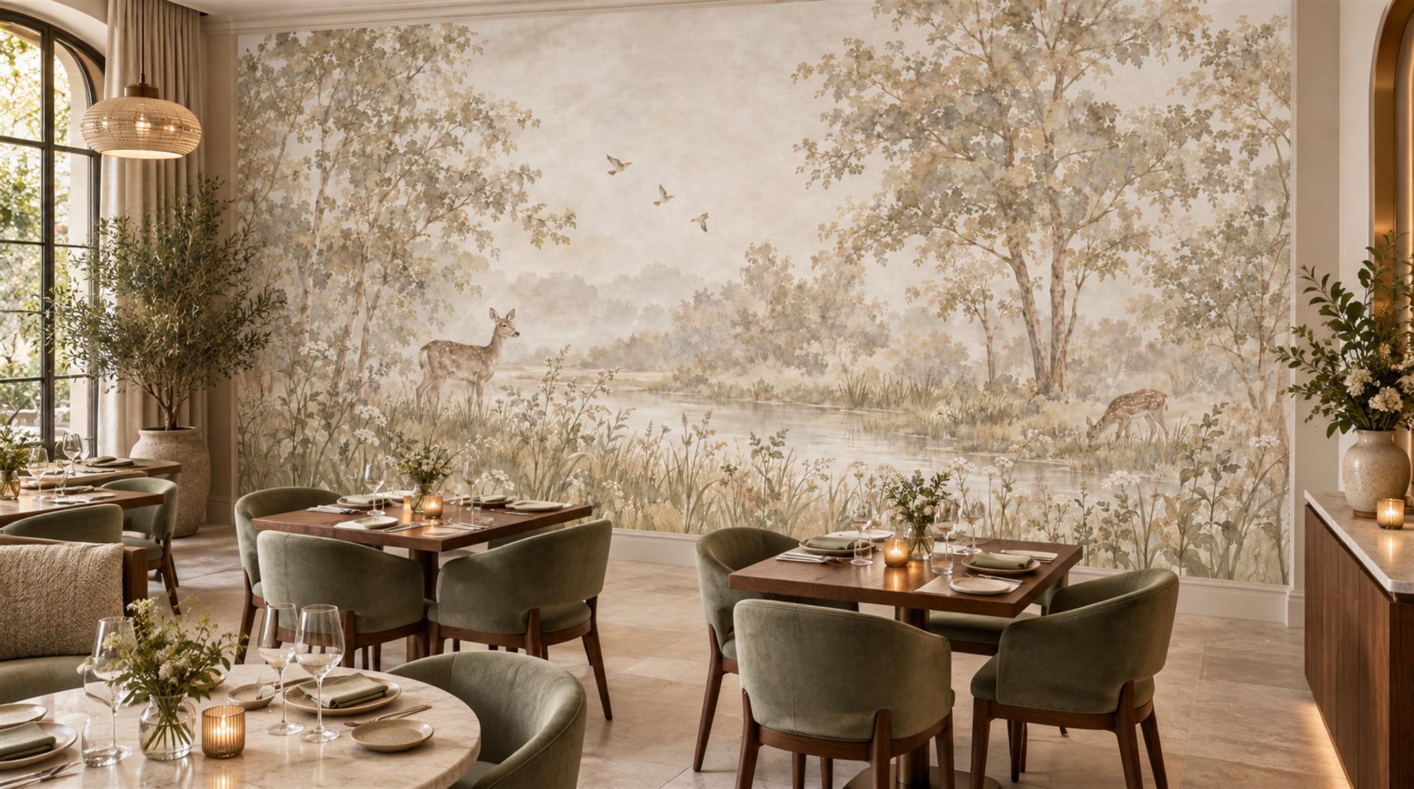 Ivory And Neutral A Painterly Scenic View Accent-wall-wallpaper-murals, Peel-and-stick Finish