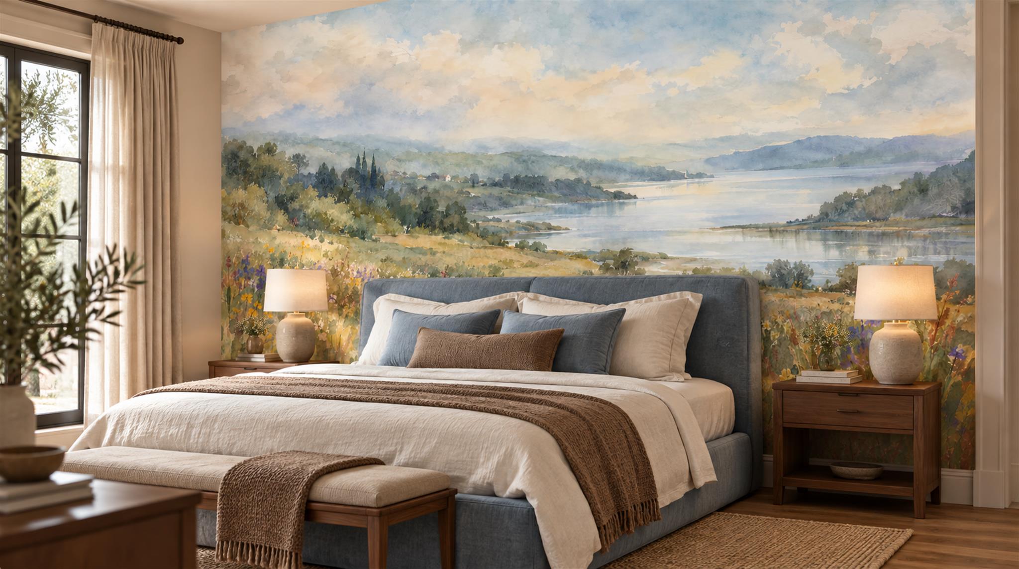 Blue And Neutral A Painterly Scenic View Wallpaper Mural Bedroom-wallpaper-murals, Peel-and-stick Finish