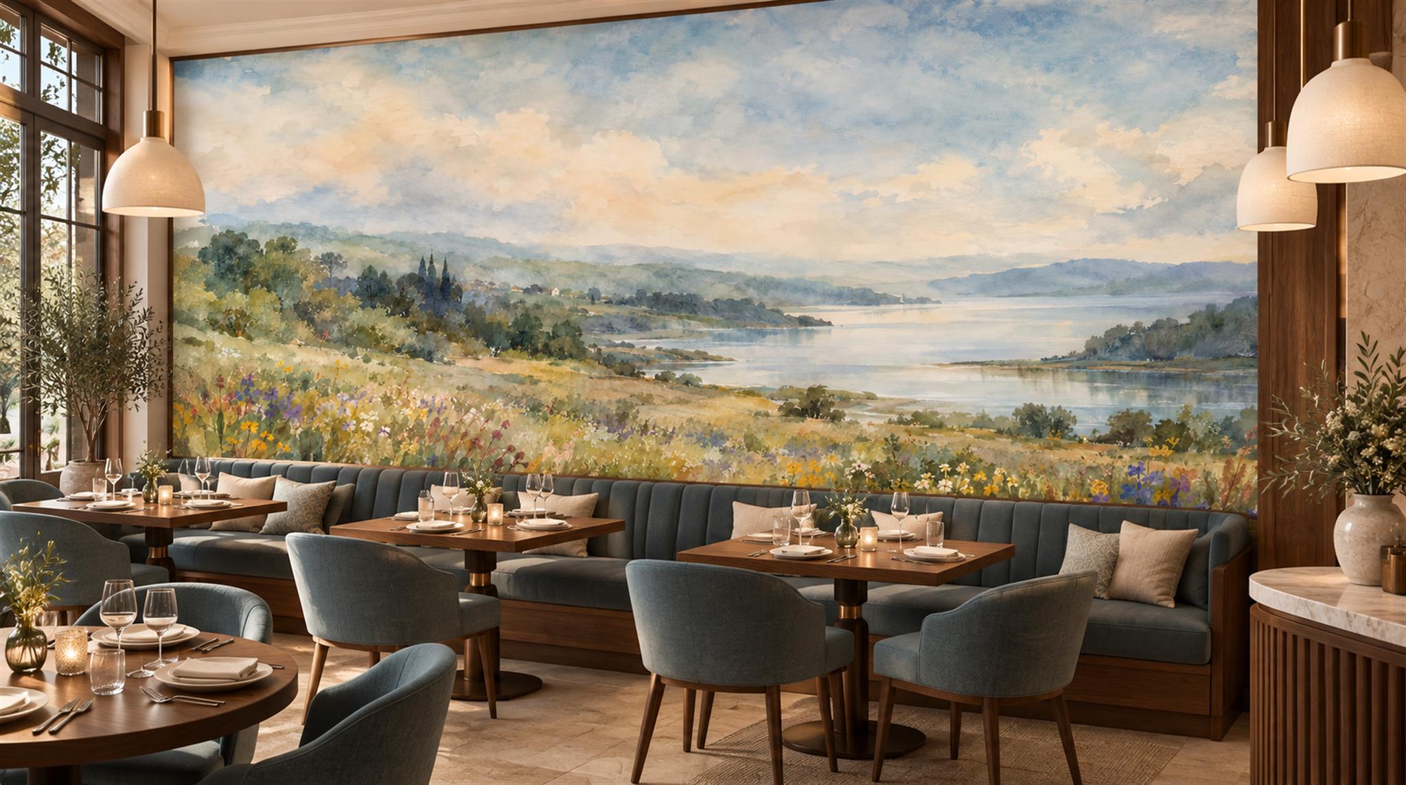 Blue And Neutral A Painterly Scenic View Wallpaper Mural Dining-room-wallpaper-murals, Shown In A Dining Room, Peel-and-stick Finish