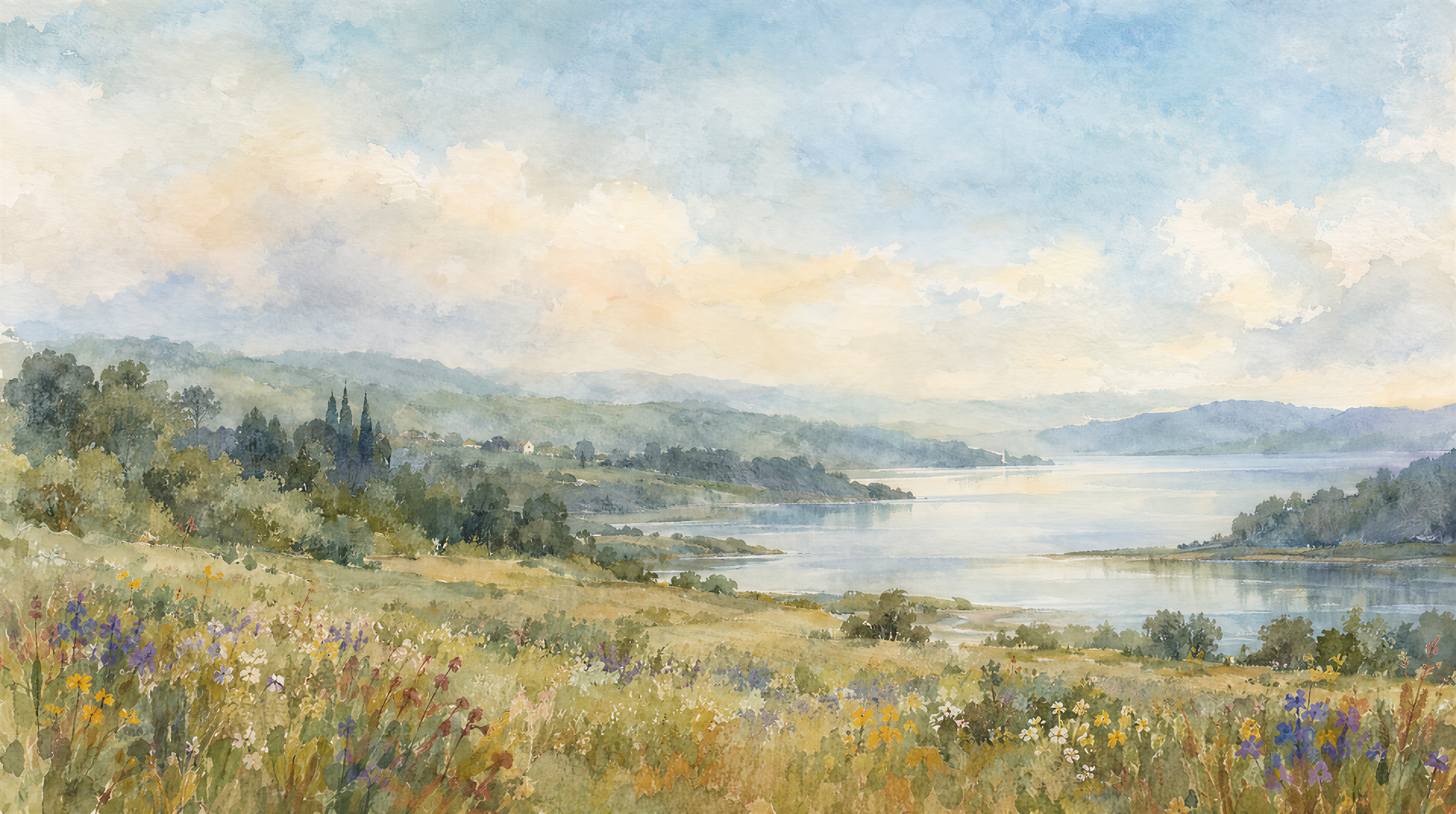 Blue And Neutral A Painterly Scenic View Wallpaper Mural, Peel-and-stick Finish