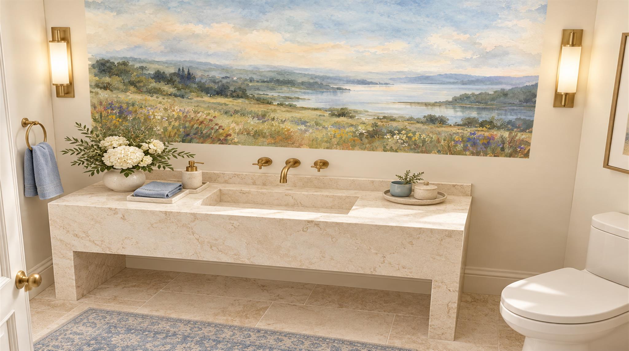 Blue And Neutral A Painterly Scenic View Wallpaper Mural, Peel-and-stick Finish