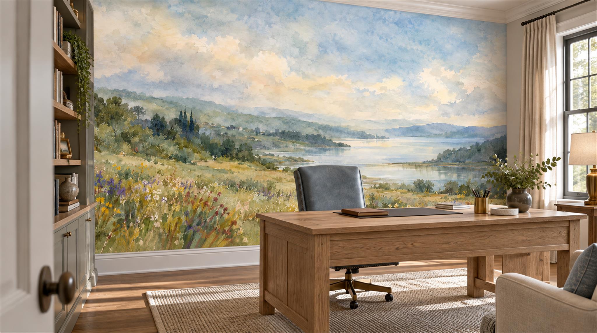 Blue And Neutral A Painterly Scenic View Wallpaper Mural Living-room-wallpaper-murals, Peel-and-stick Finish