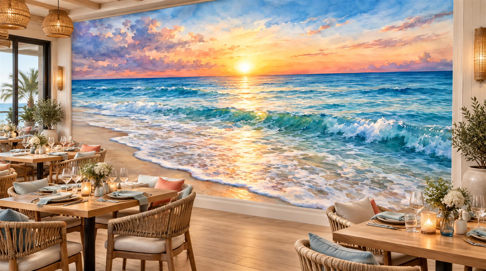 Neutral A Coastal Scene Wallpaper Mural Dining-room-wallpaper-murals, Shown In A Dining Room, Peel-and-stick Finish