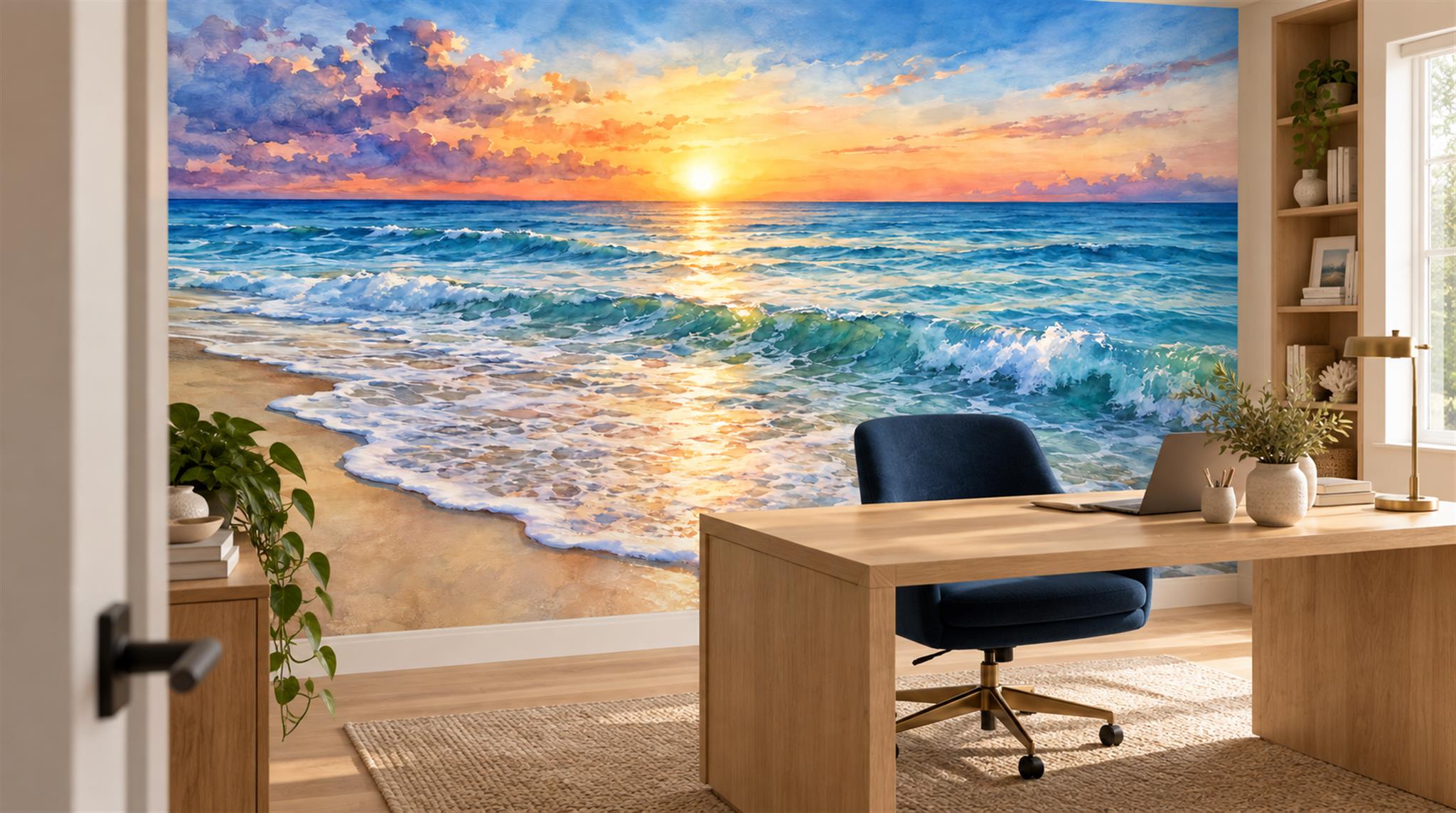 Neutral A Coastal Scene Wallpaper Mural Office-wallpaper-murals, Shown In A Home Office, Peel-and-stick Finish