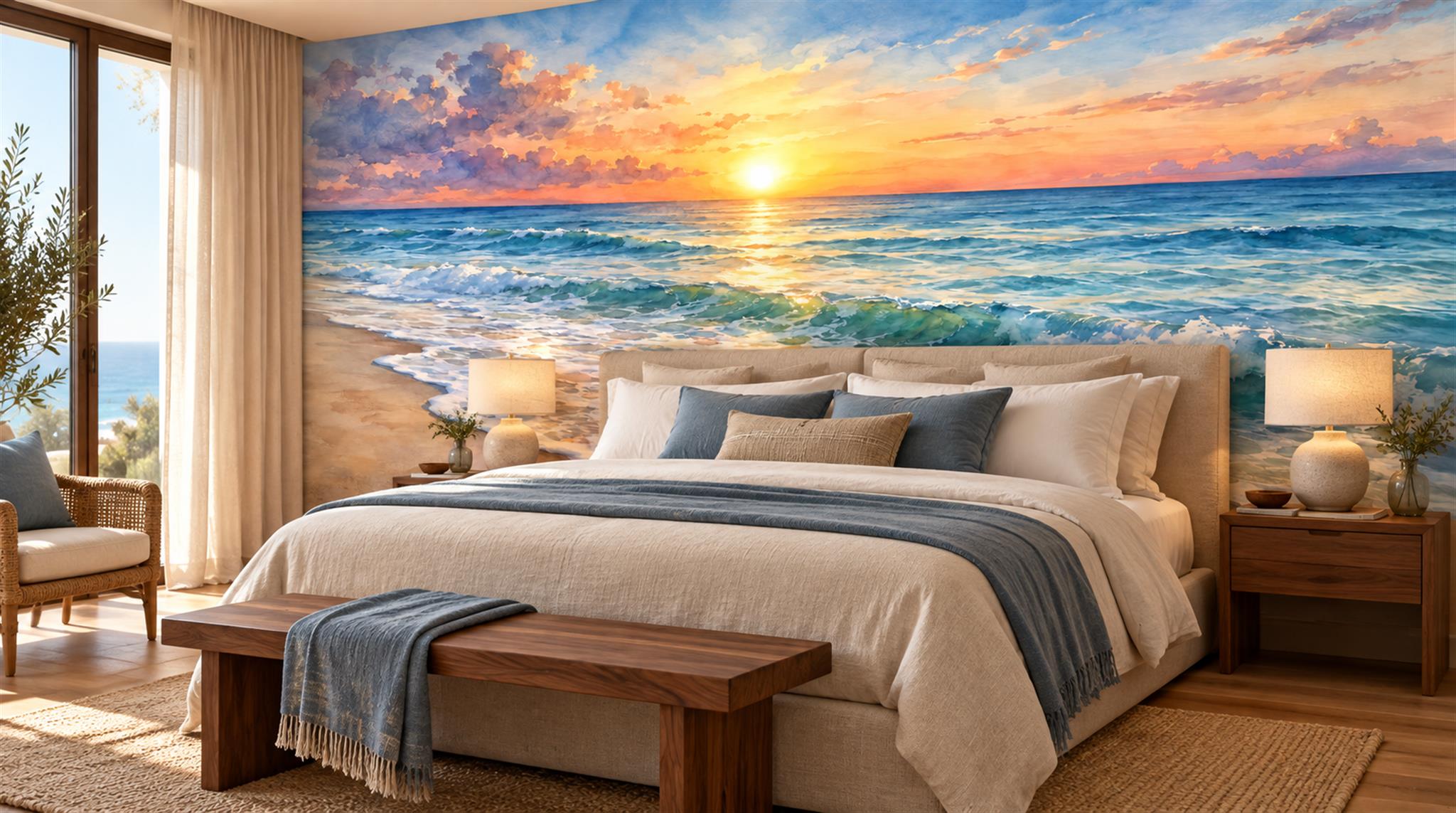 Neutral A Coastal Scene Wallpaper Mural Bedroom-wallpaper-murals, Peel-and-stick Finish