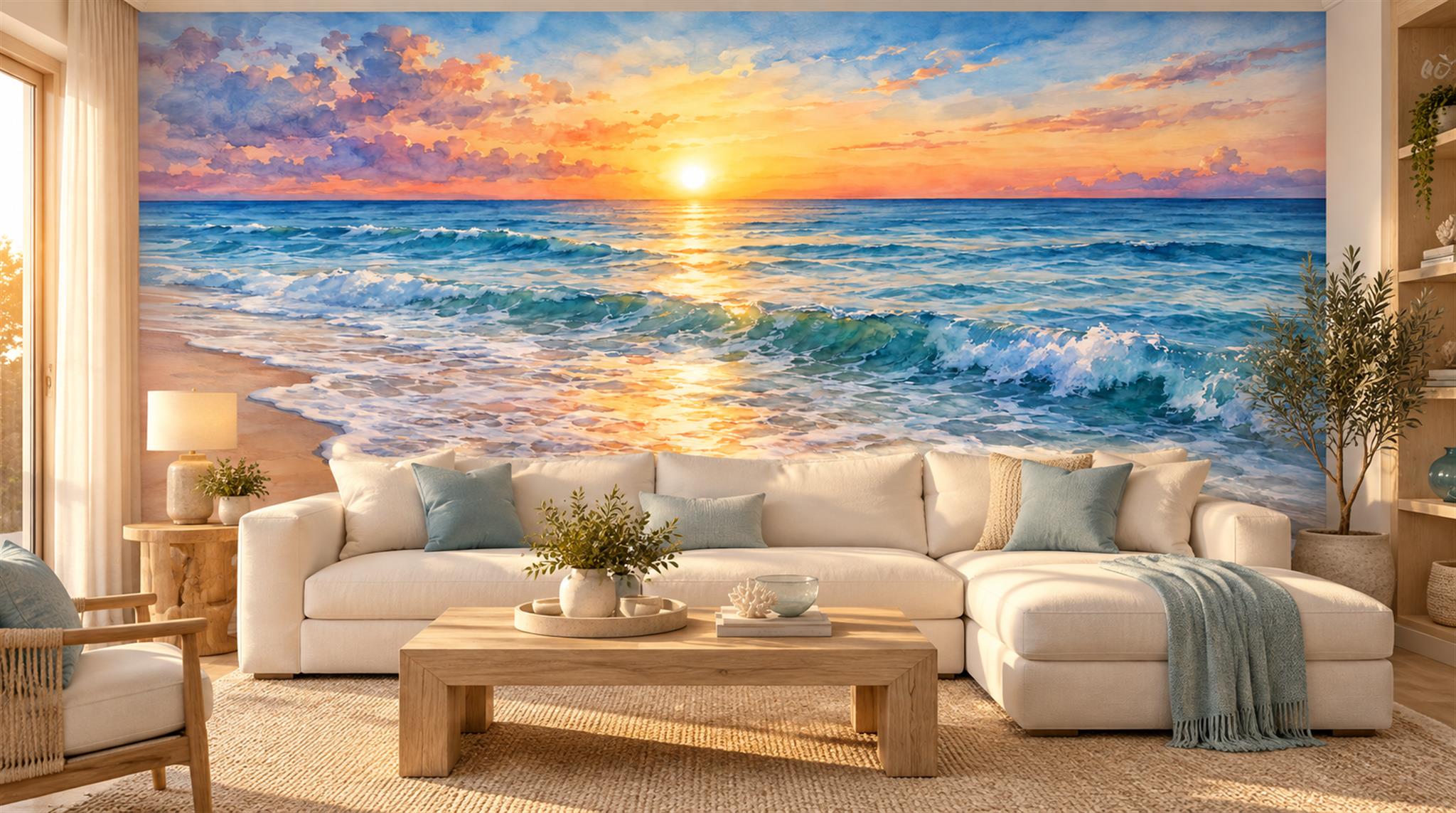 Neutral A Coastal Scene Wallpaper Mural Living-room-wallpaper-murals, Shown In A Living Room, Peel-and-stick Finish