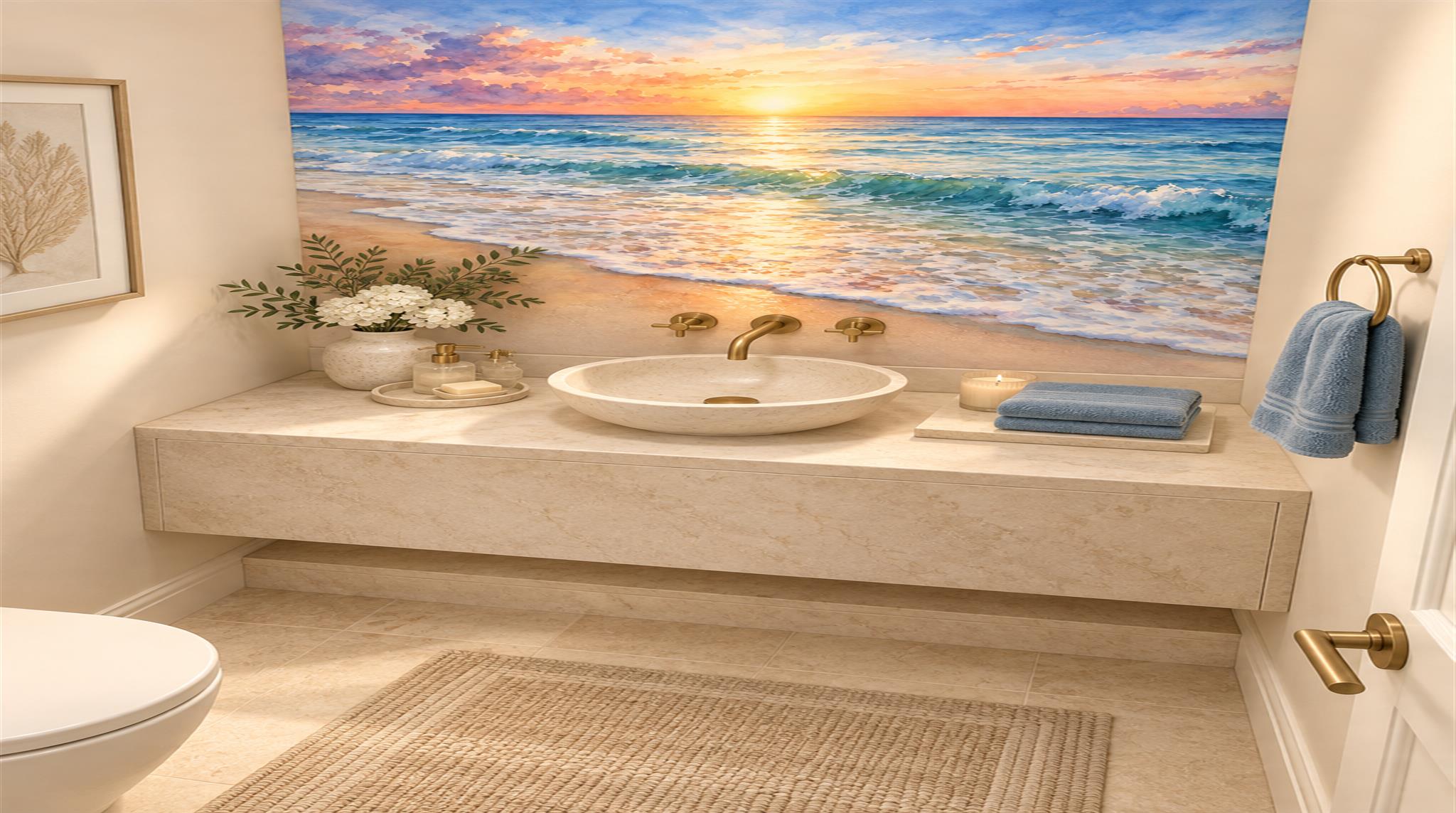 Neutral A Coastal Scene Wallpaper Mural Powder-room-wallpaper-murals, Peel-and-stick Finish