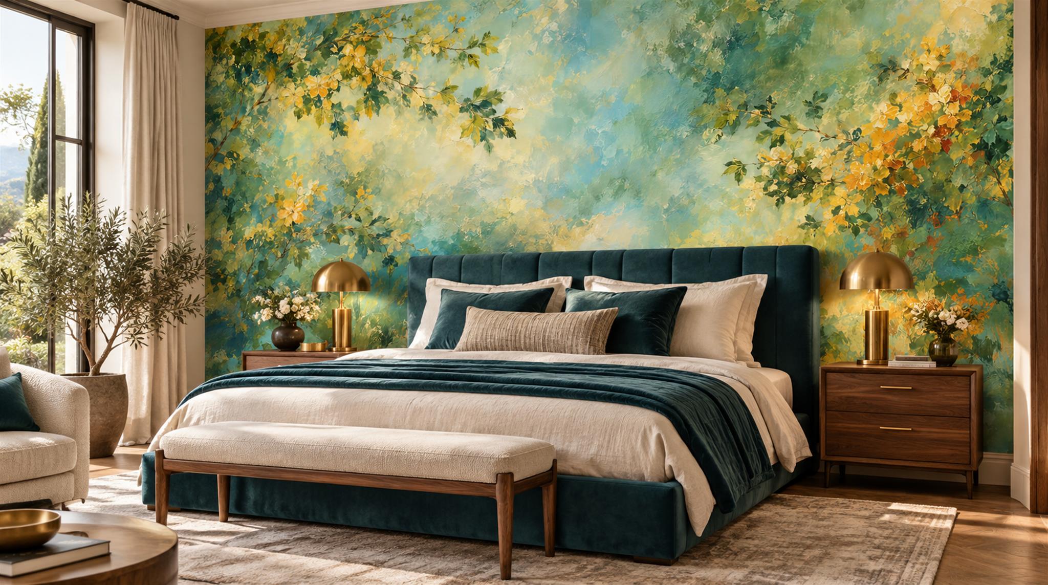 Teal And Neutral Decorative Patterning Wallpaper Mural Bedroom-wallpaper-murals, Peel-and-stick Finish