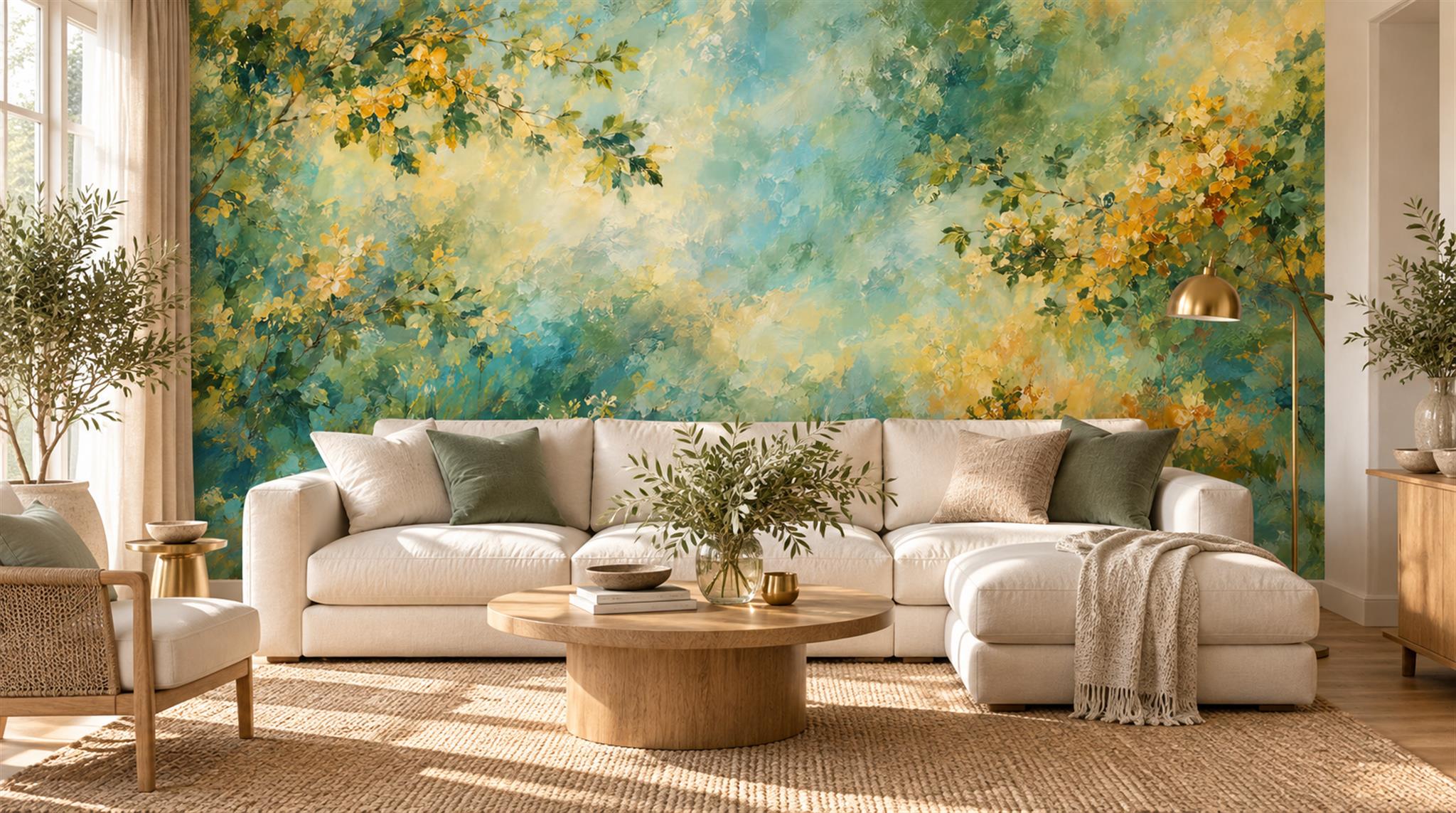 Teal And Golden Abstract Watercolour Wash Wallpaper Mural — Wallpaper Mural Design, Peel-and-stick Finish