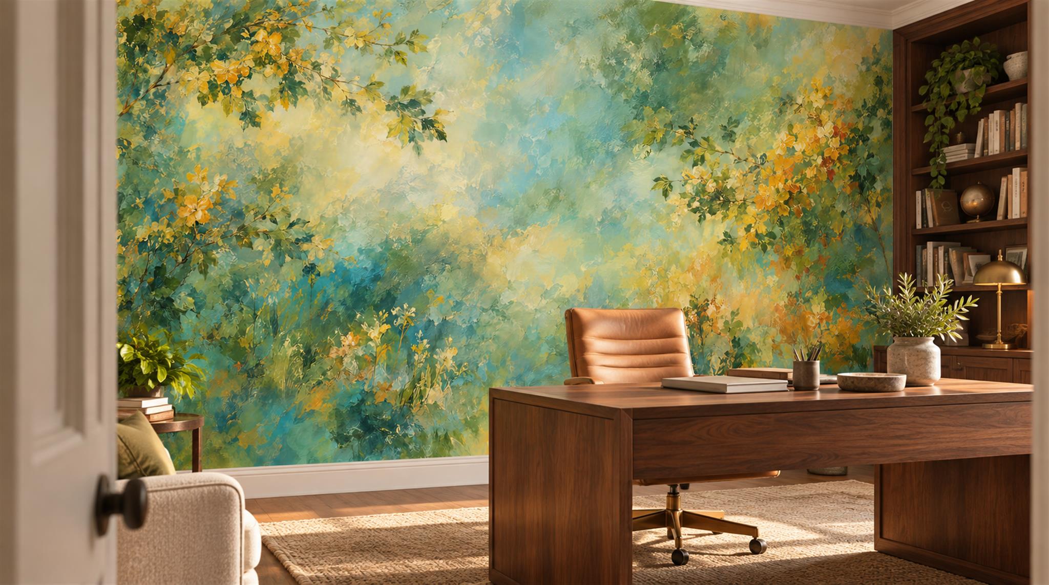 Teal And Neutral Decorative Patterning Wallpaper Mural Office-wallpaper-murals, Shown In A Home Office, Peel-and-stick Finish